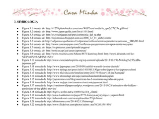 3. SIMBOLOGÍA
● Figura 3.1 tomada de http://s1279.photobucket.com/user/WillTrent/media/ie_zps2a27b23a.gif.html
● Figura 3.2 tomada de http://www.japan-guide.com/list/e1101.html
● Figura 3.3 tomada de http://es.youinjapan.net/artes/ceremonia_del_te.php
● Figura 3.4 tomada de http://registroasia.blogspot.com.co/2006_12_01_archive.html
● Figura 3.5 tomada de http://valparaiso.quebarato.cl/valparaiso/estilo-oriental-separadores-ventanas__9BADE.html
● Figura 3.6 tomada de http://www.conexaojapao.com/5-reflexos-que-permanecem-apos-morar-no-japao/
● Figura 3.7 tomada de https://es.pinterest.com/ipitombi/engawa/
● Figura 3.8 tomada de http://noticias.api.cat/casas-japonesas/
● Figura 3.9 tomada de http://www.reocities.com/Athens/8871/kamiway.html http://www.kirainet.com/do-
%E2%80%93-%E9%81%93/
● Figura 3.10 tomada de http://www.cienciadelespiritu.org/wp-content/uploads/2013/11/19b-Mitolog%C3%ADa-
japonesa.pdf
● Figura 3.11 tomada de http://www.japonpop.com/2010/09/zashiki-warashi-la-nina-duende/
● Figura 3.12 tomada de http://www.taringa.net/posts/info/14103613/Algo-sobre-japon-y-los-japoneses.html
● Figura 3.13 tomada de http://www.tiki-toki.com/timeline/entry/261370/History-of-the-Samurai/
● Figura 3.14 tomada de http://www.dronestagr.am/cape-kamuishakotanhokkaidojapan/
● Figura 3.15 tomada de http://japonismo.com/blog/sanreizan-las-3-montanas-sagradas-de-japon
● Figura 3.16 tomada de http://www.arqhys.com/construccion/casa-japonesa.html
● Figura 3.17 tomada de https://randomwallpapersandpics.wordpress.com/2015/09/28/animation-the-hidden -
perfection-of-the-ghibli-movies/
● Figura 3.18 tomada de http://big5.x-weibo.net/u/1408451233/p_2.html
● Figura 3.19 tomada de http://www.kudatotam.ru/pages/2771-lesnaya-svyatyinya-v-yaponii.html
● Figura 3.20 tomada de http://tohomokuzai.com/examples-other/22-jichinsai
● Figura 3.21 tomada de http://shintoismo.com/2014/02/13/himorogi/
● Figura 3.22 tomada de http://www.flickriver.com/photos/saimo_mx70/2615501958/
 