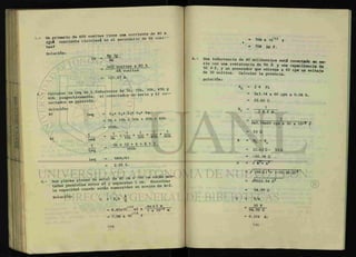 tas?
Solución:
is
Np Ip
Ns
600 vueltas x 80 A
66 vueltas
727.27 A.
Calcular la L e q de 5 ^ ^ t t L s ^ n ^ e ^ f y ' b ) -
60h. respectivamente, a) conectados en s e n y
nectados en paralelo.
Solución:
a) Leq = Lj+ L2 + L3 + L4 + L5
= 5h + 15h + 3Oh + 45h + 60h
= 155h.
w - b i = +
i k +
i k +
i k +
eoh
3 6 + 1 2 + 6 + 4 + 3
— = Í8Óh"
L e q = 180h/61
2.95 h.
. . 40 cm x 100 cm están mon
Dos placas planas de metal de 40 cm E n c o n t r a r
Z ^ S S Z ^ J & Z ^ - — d e
*=2
-
Solución: ' A
C = E0K d
-12 .4m x 1 m
= 8.85x10 x2 x x 1Q-¡¿ ~
-10 ^
= 7.08 x 10 r
= 708 x 10~12
f
• 708 pp f.
Una inductancia de 60 milihenrios está conectado en se-
rie con una resistencia de 90 fi y una capacitancia de
50 M f, y un generador que entrega a 60 cps un voltaje
de 30 voltios. Calcular la potencia.
Solución:
XL = 2 7T fL
= 2x3.14 x 60 cps x 0.06 h.
= 2 2 . 6 2 fi
X = 1c
2 i r f C
= 1__
2x3.14x60 cps x 50 x 10-6
T
= 53 n
X = xL - xc
= 22.62 Í2- 53fl
= -30.38 ü .
z = rsrrp-
= / (90 Í2) 2
+ (-30.38 fi)2
= /9022.94 ft2
94.99 íí
I = V/z
= 30 V
94.99 Í2
= 0.316 A.
 