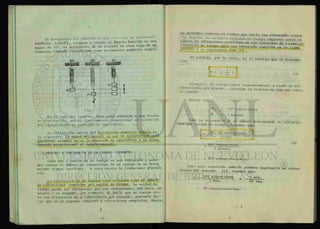 El movimiento del péndulo es muy partido al movimionto
ivunónlco ¿Imple-, siempre y cuando el ángulo barrido no sea
mayor de 15°, el movimiento de un resorte es otro tipo de mo
vimiento también considerado como movimiento armonice simple.
En el caso del resorte, éste está sometido a una fuerza
de restitución, que es directamente proporcinal al recorrido
del cuerpo desde su posición de equilibrio.
La definición exacta del movimiento armónico simple__es
la siguiente: Eó aquel movimiento gn que la aceleración e&M
apuntando 6Íempte hacía ía poticÁón de (¿quÁl-ibnÁ.0 ij e¿ c¿<A£C
fomente ¡yiopoicioyiol ai desplazamiento.
1.2 PERIODO Y FRECUENCIA DE UN CUERPO VIBRANTE:
Cada ida y vuelta de un cuerpo es una vibración y pode-
mos contar el número de vibraciones de un cuerpo en un deter
minado tiempo (periodo). A esta cuenta le llamaremos ¿tecuew
CAJX.
La frecuencia de un cuerpo está definida como di nÚmeAO
de vibiac-ioneA c.ompte.tcu> pon unidad de tiempo. La unidad de
tiempo puede ser cualquiera que sea conveniente, una hora, un
minuto o un segundo, por ejemplo; al decir que un cuerpo tie-
ne una frecuencia de x vibraciones por segundo, queremos d e —
cir que en un segundo completó x vibraciones completas. Ahora
^QH/tv^idli, •!»>.,fe^ w ' nia.i .-t-y^pr» ^rtollri entre el
numerode v i b r a c i ó n ocurridas en ese intervalo de tiempo. Al
---tlerap
° U n a v i b r a c i á n
completa se le llama
petioao y se representa como (T).
El período, por lo tnato, es lo inverso que la frecuen-
c ía:
Ejemplo1. Un cuerpo vibra constantemente a razón de 600
vibraciones por minuto. Calcular la frecuencia con que vibra
el cuerpo. 1
Datos:
No. = 600 vibraciones
"fc = 1 minuto
Como la frecuencia es el numero determinado de vibracio-
nes por unidad de tiempo, tenemos que:
f = de vibraciones 1
t tiempo
600 vibraciones ^
1 minuto
= 600 vibraciones/min.
Pero este resultado también podemos expresarlo en vibra-
ciones por segundo. Así, tenemos que:
f — 6 0 0
vibraciones 1 min.
1 min. X
60 seg.
= 10 vibraciones/seg.
 