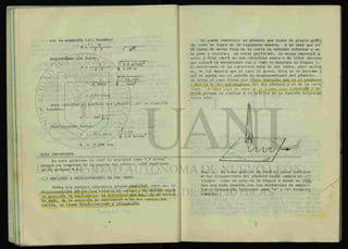 poi la ecuación (3), tenemos:
f
2~lf
Sustituímos los datos:
1 / 9.8 m/seg2
rr. .f
" 2 ir v 0.60 m
1 I 16.333
V seg*6.2832
= 0 .64 3/seg
Para calcular el período del péndulo, por la ecuación
4, tenemos:
T = 2tt/ ¿/g
Sustituyendo datos: _
/ 0.60
T = 2(3.1416) ^ m / s e g , -
T = 1.554 seg
NOTA IMPORTANTE.
2
En este problema se tomo la gravedad como 9.8 m/seg -
porque la longitud de la cuerda del péndulo está expresada
en el sistema M.K.S.
1.3 AMPLITUD Y DESPLAZAMIENTO DE LAS ONDAS
Todos los cuerpos vibrantes poseen ajmptUad, esto es, el
desplazamiento máximo que recorre el cuerpo y es medido desde
la posición de equilibrio. La distancia que hay, en un instan
te dado, de la posición de equilibrio a la del cuerpo que - -
oscila, se llama desplazamiento o elongación.
Se puede construir un péndulo que trace su propia gráfi
ca, esto se logra de la siguiente manera. A un cono que es-
tá lleno de arena fina se le corta su extremo inferior y se
le pone a oscilar; al estar perforado, la arena empezará a
salir y ésta caerá en una cartulina negra o de color obscuro
que estará en movimiento tal y como lo muestra la figura 3.
El movimiento de la cartulina debe de ser lento, pero unifor
me, de tal manera que al caer la arena, ésta no se derrame y
así se pueda ver el patrón de desplazamiento del péndulo.
La arena al caer forma una línea ondulada que es el producto
o mezcla de dos movimientos (el del péndulo y el de la cartu
lina) . A este u p o ue oiula ae ic llama ui.Ja ¿ÜlLLi>0¿de 0 6 Z-
noX.de. porque es similar a la gráfica de la función trigonome
Fig. 3. En esta gráfica se verá el valor variable
do las elongaciones del péndulo según cambia el
tiempo. Como se nota en la figura 4 donde se ilus
tra una onda senoide con las distancias de ampli—
tud y elongación indicadas como "a" y "e" respecti^
vamente.
 