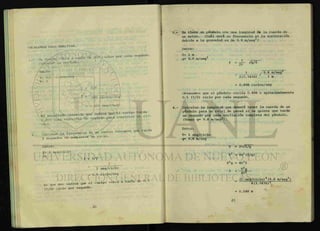 PROBLEMAS PARA ANALIZAR.
C a l c u l a r su periodo.
Datos:
f= 200 ciclos/seg
T= ?
T = 1/f
1
T =
Too" ciclos/seg
= 0.005 seg/ciclo
° " s s s rs-cío.
2 - Calcular la frecuencia de un cuerpo vibrante que tarda
2 segundos en completar un ciclo.
Datos:
T= 2 seg/ciclo
f =
f = 1/T
1
" T seg/ciclo
= 0 . 5 ciclo/seg
L o que nos indica que el cuerpo vibra a razSn de 0.5
(1/2) ciclo por segundo.
Se tiene un péndulo con una longitud de la cuerda de
un metro. ¿Cuál será su frecuencia si la aceleracióno
debida a la gravedad es de 9.8 m/seg ?
Datos:
JU 1 m
g= 9.8 m/seg2
£
= H
1 , 9.8 m/seg^
2(3.1416) V
1 m
= 0.498 ciclos/seg
Obtenemos que el péndulo oscila 0.498 o aproximadamente
0.5 (1/2) ciclo por cada segundo.
Calcular la longitud que deberá tener la cuerda de un
péndulo para un reloj de pared si se quiere que tarde
un segundo por cada oscilación completa del péndulo.
(Tomar g= 9.8 m/seg2
).
Datos:
T= 1 seg/ciclo
g= 9.8 m/seg
T = 2ir/£/g
T2
= 4ÍT2
U/g)
T2
g = 4TT2
£
(1 seg/ciclo)2
(9.8 m/seg2
)
4 (3.1416)2
= 0.248 m
v V T
 