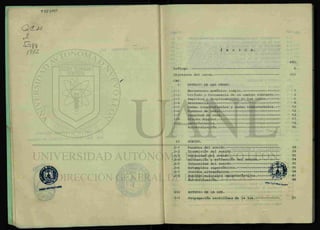 J . /Q z
/? n
I N D I C E
PAG.
Prologo. i
Objetivos del curso. iii
CAP.
I ESTUDIO DE LAS ONDAS.
1-1 Movimiento armónico simple. 1
1-2 Período y frecuencia de un cuerpo vibrante.— 2
1-3 Amplitud y desplazamiento de las ondas. 6
1-4 Resonancia. 8
1-5 Ondas longitudinales y ondas transversales.— 10
1-6 Fuentes de ondas. 12
1-7 Longitud de onda. 12
1-8 Efecto doppler. -17
1-9 Interferencia. 18
Autoevaluación. 26
II SONIDO.
2-1 Fuentes del sonido. 29
2-2 Trasmisión del sonido. 29
2-3 Velocidad del sonido. 30
2-4 Difracción y refracción del sonido. 34
2-5 Intensidad del sonido. "SfeSj^l 3 5
2-6 Estampidos supersónicos. 36
• 2-7 Sonidos ultrasónicos. ^ïlîjrM^C 3 8
2-8 Sonidos musicales característicos. 41
Autoevaluacion. 48
III ESTUDIO DE LA LUZ.
3-1 Propagación rectilínea de la luz. 51
 