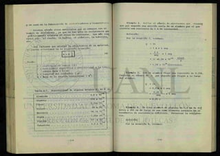 y se usan en la fabricación de rectificadores y transistores.
Existen ademas otros materiales que se conocen con el
nombre de aUladoKU, . ya que es tan alta su resistencia que
prácticamente eliminan el flujo de corriente. Los m S s c n o
cidos son: el caucho, la madera, el plástico, la bakellta,
etc.
Los factores que afectan la resistencia de un material,
se pueden relacionar en la siguiente ecuación:
(4)
donde :
resitencia en ohmios (ü ) .
resistencia específica o resistividad a la tempe-
ratura dada ( ft- m)
longitud del conductor ( m) ¿
área de la sección transversal ( m ).
mil
Tabla 4-1. Resistividad de algunos metales P, en fl -m.
Aluminio
. . 119 x 10
Bismuto
. . . . 1.72x 10
Cobre
Hierro
. 94.ix 10
Mercurio
. . 1 .05x 10'
Plata
, . . 11 x 10'
Platino
Tungsteno
3.2 x 10"8
119 x i o " 8
1.72x
-8
10
15 x
-8
10
94.1x
-8
10
1 ,05x i o " 8
11 X
-8
10
5.5 x 10-8
Ejemplo 2. Hallar el ndmero de electrones que *travie
zan por segundo una sección recta de un alambre por el que
circula una corriente de 1 A de intensidad.
Solución:
Por la ecuación 2, tenemos:
Q = It
= 1 A x 1 seg
1 c
= x 1 seg
seg ^
= le X6.24 x 1018 e l e C t
c
= 6.24 x 1018
electrones.
Ejemplo 3. Por un alambre fluye una corriente de 0.25A
Calcular el ntfemro de c por segundo que fluyen a lo largo
del alambre.
Q = It
= 0.25A x 1 seg
0.25 c
seg
= 0.25 c
x 1 seg
Ejemplo 4. Un fino alambre de platino de 0.4 mm de diá
metro y 200 cm de largo se usa como elemento sensible en un~
termómetro de resistencia eléctrica. Encontrar la resisten-
cia.
Solución:
Por la ecuación 4, tenemos:
 