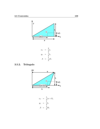3.5 Centroides 109
a
2a/3
h
x
h/3
y
C
xC =
2
3
a,
yC =
1
3
h,
A =
1
2
ah.
3.5.2. Triángulo
a
2(a+b)/3
h
x
h/3
y
C
b
xC =
1
3
(a + b),
yC =
1
3
h,
A =
1
2
bh.
 