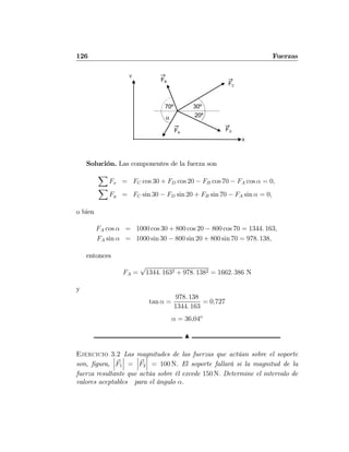 126 Fuerzas
X
Y
70º 30º
20º
FC
FDFA
α
FB
Solución. Las componentes de la fuerza son
X
Fx = FC cos 30 + FD cos 20 − FB cos 70 − FA cos α = 0,
X
Fy = FC sin 30 − FD sin 20 + FB sin 70 − FA sin α = 0,
o bien
FA cos α = 1000 cos 30 + 800 cos 20 − 800 cos 70 = 1344. 163,
FA sin α = 1000 sin 30 − 800 sin 20 + 800 sin 70 = 978. 138,
entonces
FA =
√
1344. 1632 + 978. 1382 = 1662. 386 N
y
tan α =
978. 138
1344. 163
= 0,727
α = 36,04o
N
Ejercicio 3.2 Las magnitudes de las fuerzas que actúan sobre el soporte
son, ﬁgura,
¯
¯
¯F1
¯
¯
¯ =
¯
¯
¯F2
¯
¯
¯ = 100 N. El soporte fallará si la magnitud de la
fuerza resultante que actúa sobre él excede 150 N. Determine el intervalo de
valores aceptables para el ángulo α.
 