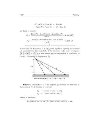 130 Fuerzas
−FA cos 70 + FG cos 50 = 2 cos 40,
FA sin 70 + FG sin 50 = 10 − 6 sin 40,
de donde se resuelve
FG =
10 cos 70 − 6 cos 70 sin 40 + 2 cos 40 sin 70
cos 30
= 4. 088 6 kN
FA =
10 cos 50 − 6 sin 40 cos 50 − 2 cos 40 sin 50
cos 30
= 3. 204 kN
N
Ejercicio 3.6 Los cables A, B y C, ﬁgura, ayudan a soportar una columna
de una estructura. Las magnitudes de las tensiones en los cables son iguales¯
¯
¯FA
¯
¯
¯ =
¯
¯
¯FB
¯
¯
¯ =
¯
¯
¯FC
¯
¯
¯ y se sabe además que la magnitud de la resultantes es
200 kN. Determine la magnitud de FA.
4 m
6 m
A B C
4 m 4 m
Solución. Llamando α, β, γ los ángulos que forman los cable con la
horizontal, y T a la tensión, se tiene que
Fx = T(cos α + cos β + cos γ),
Fy = T(sin α + sin β + sin γ),
siendo la resultante
T
p
(cos α + cos β + cos γ)2 + (sin α + sin β + sin γ)2 = 200,
 