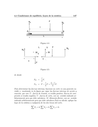 4.1 Condiciones de equilibrio. Leyes de la estática 147
A B
FNA NB
L
l
Figura 4.4:
L F
x
V
V
T
T
NA
NB
M M
Figura 4.5:
de donde
NB =
l
L
F,
NA = F −
l
L
F =
L − l
L
F.
Para determinar las fuerzas internas, hacemos un corte en una posición va-
riable x, mostrando en la ﬁgura que sigue las fuerzas internas de acción y
reacción, que son: T : fuerza de tensión, si resulta positiva. Fuerza de com-
presión si resulta negativa. V : fuerza de corte, con un sentido indicado ar-
bitrariamente pero que debe calcularse. M :Momento ﬂector, con un sentido
indicado arbitrariamente pero que debe calcularse.Para su cálculo, aplique las
leyes de la estática a cualquiera de los dos trozos del corte.
X
Fx = 0,
X
Fy = 0,
X
ΓA = 0.
 
