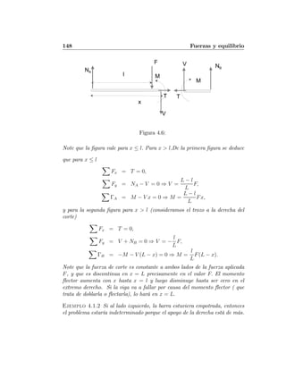 148 Fuerzas y equilibrio
F
x
V
V
TT
NA
NB
M
M
l
Figura 4.6:
Note que la ﬁgura vale para x ≤ l. Para x > l,De la primera ﬁgura se deduce
que para x ≤ l
X
Fx = T = 0,
X
Fy = NA − V = 0 ⇒ V =
L − l
L
F,
X
ΓA = M − V x = 0 ⇒ M =
L − l
L
Fx,
y para la segunda ﬁgura para x > l (consideramos el trozo a la derecha del
corte)
X
Fx = T = 0,
X
Fy = V + NB = 0 ⇒ V = −
l
L
F,
X
ΓB = −M − V (L − x) = 0 ⇒ M =
l
L
F(L − x).
Note que la fuerza de corte es constante a ambos lados de la fuerza aplicada
F, y que es discontinua en x = L precisamente en el valor F. El momento
ﬂector aumenta con x hasta x = l y luego disminuye hasta ser cero en el
extremo derecho. Si la viga va a fallar por causa del momento ﬂector ( que
trata de doblarla o ﬂectarla), lo hará en x = L.
Ejemplo 4.1.2 Si al lado izquierdo, la barra estuviera empotrada, entonces
el problema estaría indeterminado porque el apoyo de la derecha está de más.
 