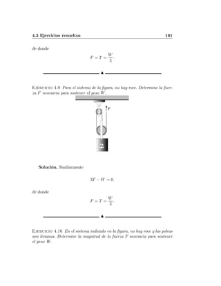 4.3 Ejercicios resueltos 161
de donde
F = T =
W
3
.
N
Ejercicio 4.9 Para el sistema de la ﬁgura, no hay roce. Determine la fuer-
za F necesaria para sostener el peso W.
Solución. Similarmente
3T − W = 0.
de donde
F = T =
W
3
.
N
Ejercicio 4.10 En el sistema indicado en la ﬁgura, no hay roce y las poleas
son livianas. Determine la magnitud de la fuerza F necesaria para sostener
el peso W.
 