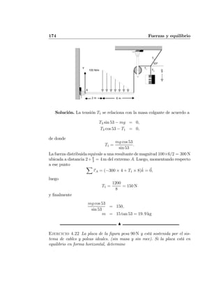 174 Fuerzas y equilibrio
53º
g
Y
100 N/m
6 m2 m
A
m
T1
T2
T3
Solución. La tensión T1 se relaciona con la masa colgante de acuerdo a
T3 sin 53 − mg = 0,
T3 cos 53 − T1 = 0,
de donde
T1 =
mg cos 53
sin 53
.
La fuerza distribuida equivale a una resultante de magnitud 100×6/2 = 300 N
ubicada a distancia 2+ 6
3
= 4 m del extremo A. Luego, momentando respecto
a ese punto X
τA = (−300 × 4 + T1 × 8)ˆk = 0,
luego
T1 =
1200
8
= 150 N
y ﬁnalmente
mg cos 53
sin 53
= 150,
m = 15 tan 53 = 19. 9 kg
N
Ejercicio 4.22 La placa de la ﬁgura pesa 90 N y está sostenida por el sis-
tema de cables y poleas ideales. (sin masa y sin roce). Si la placa está en
equilibrio en forma horizontal, determine
 