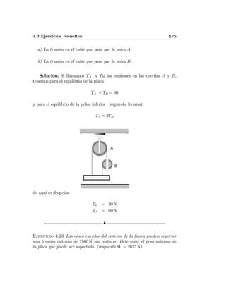 4.3 Ejercicios resueltos 175
a) La tensión en el cable que pasa por la polea A.
b) La tensión en el cable que pasa por la polea B.
Solución. Si llamamos TA y TB las tensiones en las cuerdas A y B,
tenemos para el equilibrio de la placa
TA + TB = 90
y para el equilibrio de la polea inferior (supuesta liviana)
TA = 2TB
de aquí se despejan
TB = 30 N
TA = 60 N
N
Ejercicio 4.23 Las cinco cuerdas del sistema de la ﬁgura pueden soportar
una tensión máxima de 1500 N sin cortarse. Determine el peso máximo de
la placa que puede ser soportada. (respuesta W = 2625 N)
 
