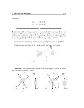 4.3 Ejercicios resueltos 179
de donde
RB = 741. 06 N,
RA = 553. 94 N.
N
Ejercicio 4.26 La ﬁgura muestra un plano inclinado rugoso que forma un
ángulo de 37o
con la horizontal y dos bloques A y B en reposo, unidos por
una cuerda inextensible y de masa despreciable. Si la masa del cuerpo A es
mA = 3 kg y el coeﬁciente de roce estático es μS = 0,2, determine
i) Los valores máximos y mínimos de mB compatibles con el equilibrio.
ii) El valor de la tensión de la cuerda en los dos casos anteriores.
g
37º
mA
mB
Solución. Los diagramas de cuerpo libre para bloque a punto de subir
(a) y a punto de bajar (b) son
g
37º
mAg
mBg
f
T
T
N
37º
g
37º
mAg
mBg
f
T
T
N
37º
(a)
(b)
 