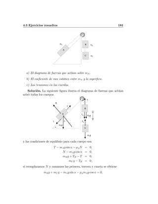 4.3 Ejercicios resueltos 181
g
53º
mA mB
mC
A
B
C
a) El diagrama de fuerzas que actúan sobre mA.
b) El coeﬁciente de roce estático entre mA y la superﬁcie.
c) Las tensiones en las cuerdas.
Solución. La siguiente ﬁgura ilustra el diagrama de fuerzas que actúan
sobre todos los cuerpos
g
53º
A
B
C
mAg
f
N
TB
T
g
mCg
TB
T
mBg
α
α
y las condiciones de equilibrio para cada cuerpo son
T − mAg sin α − μSN = 0,
N − mAg cos α = 0,
mBg + TB − T = 0,
mCg − TB = 0,
si reemplazamos N y sumamos las primera, tercera y cuarta se obtiene
mBg + mCg − mAg sin α − μSmAg cos α = 0,
 