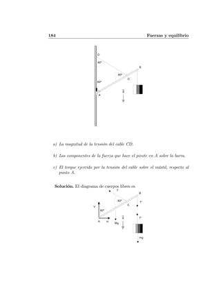 184 Fuerzas y equilibrio
B
A
C
D
60º
60º
g
60º
a) La magnitud de la tensión del cable CD.
b) Las componentes de la fuerza que hace el pivote en A sobre la barra.
c) El torque ejercido por la tensión del cable sobre el mástil, respecto al
punto A.
Solución. El diagrama de cuerpos libres es
B
A
C
60º
g
60º
T
T'
T'
Mg
mg
V
H
 