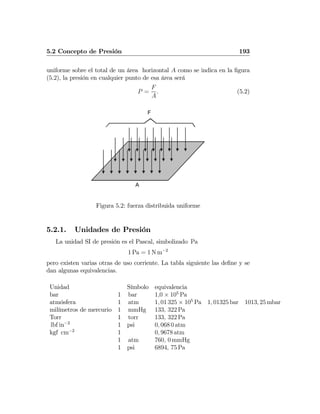 5.2 Concepto de Presión 193
uniforme sobre el total de un área horizontal A como se indica en la ﬁgura
(5.2), la presión en cualquier punto de esa área será
P =
F
A
. (5.2)
F
A
Figura 5.2: fuerza distribuida uniforme
5.2.1. Unidades de Presión
La unidad SI de presión es el Pascal, simbolizado Pa
1 Pa = 1 N m−2
pero existen varias otras de uso corriente. La tabla siguiente las deﬁne y se
dan algunas equivalencias.
Unidad Símbolo equivalencia
bar 1 bar 1,0 × 105
Pa
atmósfera 1 atm 1, 01 325 × 105
Pa 1, 01325 bar 1013, 25 mbar
milímetros de mercurio 1 mmHg 133, 322 Pa
Torr 1 torr 133, 322 Pa
lbf in−2
1 psi 0, 068 0 atm
kgf cm−2
1 0, 9678 atm
1 atm 760, 0 mmHg
1 psi 6894, 75 Pa
 