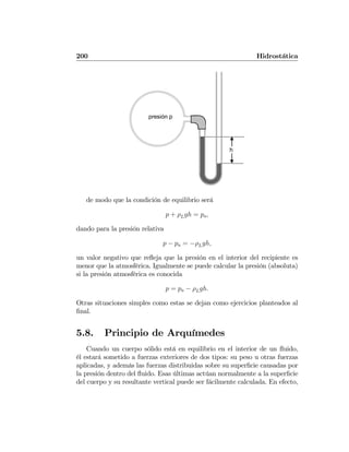 200 Hidrostática
presión p
h
de modo que la condición de equilibrio será
p + ρLgh = pa,
dando para la presión relativa
p − pa = −ρLgh,
un valor negativo que reﬂeja que la presión en el interior del recipiente es
menor que la atmosférica. Igualmente se puede calcular la presión (absoluta)
si la presión atmosférica es conocida
p = pa − ρLgh.
Otras situaciones simples como estas se dejan como ejercicios planteados al
ﬁnal.
5.8. Principio de Arquímedes
Cuando un cuerpo sólido está en equilibrio en el interior de un ﬂuido,
él estará sometido a fuerzas exteriores de dos tipos: su peso u otras fuerzas
aplicadas, y además las fuerzas distribuidas sobre su superﬁcie causadas por
la presión dentro del ﬂuido. Esas últimas actúan normalmente a la superﬁcie
del cuerpo y su resultante vertical puede ser fácilmente calculada. En efecto,
 