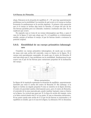 5.9 Fuerza de Flotación 203
abajo. Entonces en la situación de equilibrio E = W pero hay aparentemente
problemas con la estabilidad. La cuestión de qué ocurre si el cuerpo se inclina
levemente la analizaremos en la sección siguiente. A primera vista parecería
que si el cuerpo se inclina algo hacia la derecha, el torque del par de las
dos fuerzas paralelas pero no colineales, tendería a inclinarlo aún más. Ya se
explicará que ocurre.
En segundo caso se trata de un cuerpo inhomogéneo que ﬂota, y para el
caso de la ﬁgura G está más abajo que B y el equilibrio es evidentemente
estable, porque al inclinar el cuerpo, el par de fuerzas tiende a restaurar la
posición original.
5.9.3. Estabilidad de un cuerpo prismático inhomogé-
neo
Considere un cuerpo prismático inhomogéneo, de modo que su centro
de masa está más arriba del centroide, como se ilustra en la ﬁgura. Si el
cuerpo está parcialmente sumergido, de modo que el centro de ﬂotación B
está más abajo que G, hay problemas con la estabilidad. Analizaremos lo que
ocurre con el par de las fuerzas para variaciones pequeñas de la inclinación
del cuerpo.
M
G
B
G
B
θ
θ
Altura metacéntrica.
La ﬁgura de la izquierda representa la situación de equilibrio, aparentemente
inestable por estar G arriba del centro de ﬂotación B. Sin embargo, si la
ﬁgura se inclina un ángulo pequeño θ como se muestra en la ﬁgura derecha,
el centro de gravedad cambia relativamente poco, pero el centro de ﬂotación,
el centroide de la zona marcada gris, puede cambiar bastante como se ilustra
en la ﬁgura. La vertical que pasa por B, la línea de acción del empuje, corta
a la línea central donde está G en un punto M que se denomina metacentro.
Si ese punto queda más arriba de G el par de las fuerzas es restaurador y el
equilibrio es estable, que es el caso de la ﬁgura. La distancia MG se denomina
 