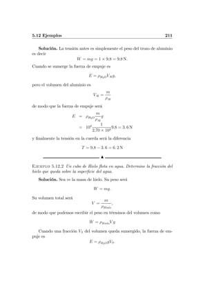 5.12 Ejemplos 211
Solución. La tensión antes es simplemente el peso del trozo de aluminio
es decir
W = mg = 1 × 9,8 = 9,8 N.
Cuando se sumerge la fuerza de empuje es
E = ρH2OVAlg,
pero el volumen del aluminio es
VAl =
m
ρAl
de modo que la fuerza de empuje será
E = ρH2O
m
ρAl
g
= 103 1
2,70 × 103
9,8 = 3. 6 N
y ﬁnalmente la tensión en la cuerda será la diferencia
T = 9,8 − 3. 6 = 6. 2 N
N
Ejemplo 5.12.2 Un cubo de Hielo ﬂota en agua. Determine la fracción del
hielo que queda sobre la superﬁcie del agua.
Solución. Sea m la masa de hielo. Su peso será
W = mg.
Su volumen total será
V =
m
ρHielo
,
de modo que podemos escribir el peso en términos del volumen como
W = ρHieloV g
Cuando una fracción VS del volumen queda sumergido, la fuerza de em-
puje es
E = ρH2OgVS.
 