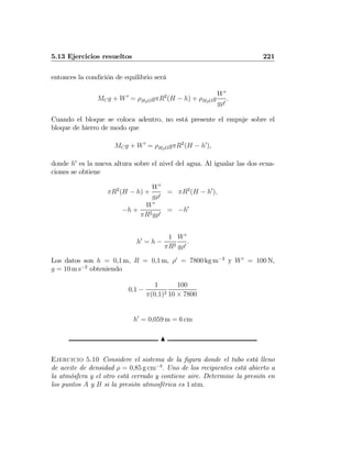 5.13 Ejercicios resueltos 221
entonces la condición de equilibrio será
MCg + W0
= ρH2OgπR2
(H − h) + ρH2Og
W0
gρ0
.
Cuando el bloque se coloca adentro, no está presente el empuje sobre el
bloque de hierro de modo que
MCg + W0
= ρH2OgπR2
(H − h0
),
donde h0
es la nueva altura sobre el nivel del agua. Al igualar las dos ecua-
ciones se obtiene
πR2
(H − h) +
W0
gρ0
= πR2
(H − h0
),
−h +
W0
πR2gρ0
= −h0
h0
= h −
1
πR2
W0
gρ0
.
Los datos son h = 0,1 m, R = 0,1 m, ρ0
= 7800 kg m−3
y W0
= 100 N,
g = 10 m s−2
obteniendo
0,1 −
1
π(0,1)2
100
10 × 7800
h0
= 0,059 m = 6 cm
N
Ejercicio 5.10 Considere el sistema de la ﬁgura donde el tubo está lleno
de aceite de densidad ρ = 0,85 g cm−3
. Uno de los recipientes está abierto a
la atmósfera y el otro está cerrado y contiene aire. Determine la presión en
los puntos A y B si la presión atmosférica es 1 atm.
 