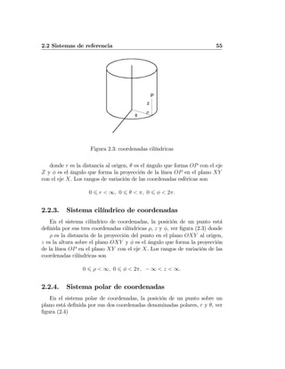 2.2 Sistemas de referencia 55
z
φ
ρ
P
Figura 2.3: coordenadas cilíndricas
donde r es la distancia al origen, θ es el ángulo que forma OP con el eje
Z y φ es el ángulo que forma la proyección de la línea OP en el plano XY
con el eje X. Los rangos de variación de las coordenadas esféricas son
0 6 r < ∞, 0 6 θ < π, 0 6 φ < 2π.
2.2.3. Sistema cilíndrico de coordenadas
En el sistema cilíndrico de coordenadas, la posición de un punto está
deﬁnida por sus tres coordenadas cilíndricas ρ, z y φ, ver ﬁgura (2.3) donde
ρ es la distancia de la proyección del punto en el plano OXY al origen,
z es la altura sobre el plano OXY y φ es el ángulo que forma la proyección
de la línea OP en el plano XY con el eje X. Los rangos de variación de las
coordenadas cilíndricas son
0 6 ρ < ∞, 0 6 φ < 2π, − ∞ < z < ∞.
2.2.4. Sistema polar de coordenadas
En el sistema polar de coordenadas, la posición de un punto sobre un
plano está deﬁnida por sus dos coordenadas denominadas polares, r y θ, ver
ﬁgura (2.4)
 