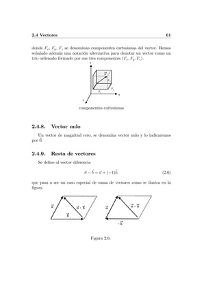 2.4 Vectores 61
donde Fx, Fy, Fz se denominan componentes cartesianas del vector. Hemos
señalado además una notación alternativa para denotar un vector como un
trío ordenado formado por sus tres componentes (Fx, Fy, Fz).
x
y
z
Fx
Fz
Fy
F
componentes cartesianas
2.4.8. Vector nulo
Un vector de magnitud cero, se denomina vector nulo y lo indicaremos
por 0.
2.4.9. Resta de vectores
Se deﬁne al vector diferencia
a − b = a + (−1)b, (2.6)
que pasa a ser un caso especial de suma de vectores como se ilustra en la
ﬁgura
-a ba
b
a
- b
-a b
Figura 2.6:
 