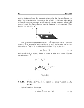 64 Vectores
que corresponde al área del paralelógramo que los dos vectores forman, de
dirección perpendicular al plano de los dos vectores y de sentido dado por la
regla de la mano derecha o del tornillo diestro, como se indica en la ﬁgura. El
ángulo α es el ángulo que forman las direcciones de los dos vectores. (Note
que sin α = sin(180 − α)).
α
xa b
a
b
En la expresión del producto vectorial a×b, la parte del vector a paralela
al vector b no contribuye. Contribuye sólo la parte del vector a que es per-
pendicular a b que en la ﬁgura que sigue se indica por ab, es decir
a × b = ab × b, (2.12)
que se ilustra en la ﬁgura y donde ab indica la parte de el vector a que es
perpendicular a b.
xa b xab b
ab
b
a
Figura 2.8:
2.4.15. Distributividad del producto cruz respecto a la
suma
Para establecer la propiedad
c × (a + b) = c × a + c × b, (2.13)
 