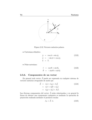 74 Vectores
X
X
Y
P
r φ^
O θ
θ^
r^
Figura 2.12: Vectores unitarios polares.
Cartesiano-cilíndrico
ˆρ = cos φˆı + sin φˆj, (2.22)
ˆφ = − sin φˆı + cos φˆj,
ˆk = ˆk.
Polar-cartesiano
ˆr = cos θˆı + sin θˆj, (2.23)
ˆθ = − sin θˆı + cos θˆj
2.5.6. Componentes de un vector
En general todo vector A puede ser expresado en cualquier sistema de
vectores unitarios ortogonales de modo que
A = Axˆı + Ayˆj + Az
ˆk (2.24)
= Arˆr + Aθ
ˆθ + Aφ
ˆφ
= Aρˆρ + Aφ
ˆφ + Az
ˆk.
Las diversas componentes del vector A están relacionadas y en general la
forma de obtener una componente cualquiera es mediante la operación de
proyección realizada mediante el producto escalar
An = A · ˆn. (2.25)
 