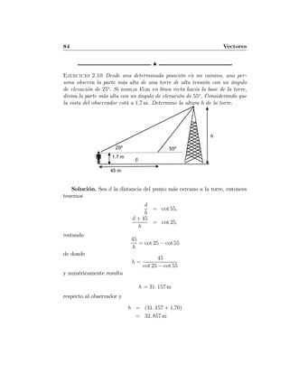 84 Vectores
N
Ejercicio 2.10 Desde una determinada posición en un camino, una per-
sona observa la parte más alta de una torre de alta tensión con un ángulo
de elevación de 25o
. Si avanza 45 m en línea recta hacia la base de la torre,
divisa la parte más alta con un ángulo de elevación de 55o
. Considerando que
la vista del observador está a 1,7 m. Determine la altura h de la torre.
25º
h
β
45 m
1.7 m
55º
Solución. Sea d la distancia del punto más cercano a la torre, entonces
tenemos
d
h
= cot 55,
d + 45
h
= cot 25,
restando
45
h
= cot 25 − cot 55
de donde
h =
45
cot 25 − cot 55
y numéricamente resulta
h = 31. 157 m
respecto al observador y
h = (31. 157 + 1,70)
= 32. 857 m
 