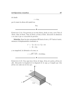 2.8 Ejercicios resueltos 87
de donde
c = 6 m,
por lo tanto la altura del mástil era
9 m.
N
Ejercicio 2.14 Una persona en su trote diario, desde su casa, corre 7 km al
Norte, 2 km al Oeste, 7 km al Norte y 11 km al Este. Encuentre la distancia
a su casa a que se encuentra la persona .
Solución. Sean los ejes cartesianos OX hacia el este y OY hacia el norte,
entonces el desplazamiento resultante es
r = 7ˆj + 2(−ˆı) + 7ˆj + 11ˆı
= 9ˆı + 14ˆj,
y su magnitud, la distancia a la casa, es
r =
√
92 + 142 = 16. 64 km.
N
Ejercicio 2.15 Una caja tiene 16 cm de largo, 18 cm de ancho y 10 cm de
alto. Encuentre la longitud de la diagonal de la caja y el ángulo que ésta
forma con cada uno de los ejes.
Z
X
Y
16 cm
18 cm
10 cm
 