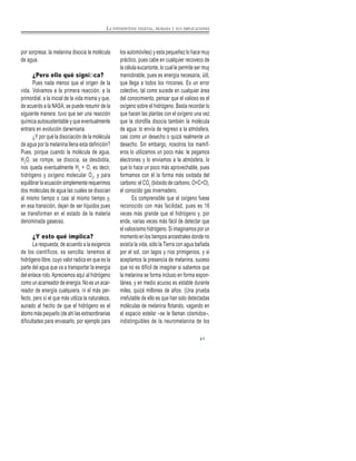 LA FOTOSÍNTESIS VEGETAL, HUMANA Y SUS IMPLICACIONES
por sorpresa: la melanina disocia la molécula
de agua.
¿Pero ello qué signiﬁca?
Pues nada menos que el origen de la
vida. Volvamos a la primera reacción, a la
primordial, a la inicial de la vida misma y que,
de acuerdo a la NASA, se puede resumir de la
siguiente manera: tuvo que ser una reacción
química autosustentable y que eventualmente
entrara en evolución darwiniana.
¿Y por qué la disociación de la molécula
de agua por la melanina llena esta definición?
Pues, porque cuando la molécula de agua,
H2
O, se rompe, se disocia, se desdobla,
nos queda eventualmente H2
+ O, es decir,
hidrógeno y oxígeno molecular O2
, y para
equilibrar la ecuación simplemente requerimos
dos moléculas de agua las cuales se disocian
al mismo tiempo o casi al mismo tiempo y,
en esa transición, dejan de ser líquidos pues
se transforman en el estado de la materia
denominada gaseoso.
¿Y esto qué implica?
La respuesta, de acuerdo a la exigencia
de los científicos, es sencilla: tenemos al
hidrógeno libre, cuyo valor radica en que es la
parte del agua que va a transportar la energía
del enlace roto.Apreciemos aquí al hidrógeno
como un acarreador de energía. No es un acar-
reador de energía cualquiera, ni el más per-
fecto, pero sí el que más utiliza la naturaleza,
aunado al hecho de que el hidrógeno es el
átomo más pequeño (de ahí las extraordinarias
dificultades para envasarlo, por ejemplo para
los automóviles) y esta pequeñez lo hace muy
práctico, pues cabe en cualquier recoveco de
la célula eucarionte, lo cual le permite ser muy
maniobrable, pues es energía necesaria, útil,
que llega a todos los rincones. Es un error
colectivo, tal como sucede en cualquier área
del conocimiento, pensar que el valioso es el
oxígeno sobre el hidrógeno. Basta recordar lo
que hacen las plantas con el oxígeno una vez
que la clorofila disocia también la molécula
de agua: lo envía de regreso a la atmósfera,
casi como un desecho o quizá realmente un
desecho. Sin embargo, nosotros los mamíf-
eros lo utilizamos un poco más: le pegamos
electrones y lo enviamos a la atmósfera, lo
que lo hace un poco más aprovechable, pues
formamos con él la forma más oxidada del
carbono: el CO2
(bióxido de carbono, O=C=O),
el conocido gas invernadero.
Es comprensible que el oxígeno fuese
reconocido con más facilidad, pues es 16
veces más grande que el hidrógeno y, por
ende, varias veces más fácil de detectar que
el valiosísimo hidrógeno. Si imaginamos por un
momento en los tiempos ancestrales donde no
existía la vida, sólo la Tierra con agua bañada
por el sol, con lagos y ríos primigenios, y si
aceptamos la presencia de melanina, suceso
que no es difícil de imaginar si sabemos que
la melanina se forma incluso en forma espon-
tánea, y en medio acuoso es estable durante
miles, quizá millones de años. (Una prueba
irrefutable de ello es que han sido detectadas
moléculas de melanina flotando, vagando en
el espacio estelar –se le llaman cósmidos–,
indistinguibles de la neuromelanina de los
5
 