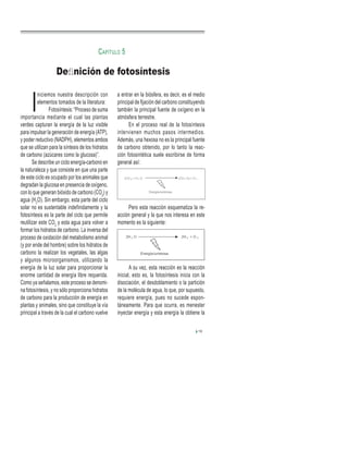 I
niciemos nuestra descripción con
elementos tomados de la literatura:
Fotosíntesis: “Proceso de suma
importancia mediante el cual las plantas
verdes capturan la energía de la luz visible
para impulsar la generación de energía (ATP),
y poder reductivo (NADPH), elementos ambos
que se utilizan para la síntesis de los hidratos
de carbono (azúcares como la glucosa)”.
Se describe un ciclo energía-carbono en
la naturaleza y que consiste en que una parte
de este ciclo es ocupado por los animales que
degradan la glucosa en presencia de oxígeno,
con lo que generan bióxido de carbono (CO2
) y
agua (H2
O). Sin embargo, esta parte del ciclo
solar no es sustentable indefinidamente y la
fotosíntesis es la parte del ciclo que permite
reutilizar este CO2
y esta agua para volver a
formar los hidratos de carbono. La inversa del
proceso de oxidación del metabolismo animal
(y por ende del hombre) sobre los hidratos de
carbono la realizan los vegetales, las algas
y algunos microorganismos, utilizando la
energía de la luz solar para proporcionar la
enorme cantidad de energía libre requerida.
Como ya señalamos, este proceso se denomi-
na fotosíntesis, y no sólo proporciona hidratos
de carbono para la producción de energía en
plantas y animales, sino que constituye la vía
principal a través de la cual el carbono vuelve
a entrar en la biósfera, es decir, es el medio
principal de fijación del carbono constituyendo
también la principal fuente de oxígeno en la
atmósfera terrestre.
En el proceso real de la fotosíntesis
intervienen muchos pasos intermedios.
Además, una hexosa no es la principal fuente
de carbono obtenido, por lo tanto la reac-
ción fotosintética suele escribirse de forma
general así:
Pero esta reacción esquematiza la re-
acción general y la que nos interesa en este
momento es la siguiente:
A su vez, esta reacción es la reacción
inicial, esto es, la fotosíntesis inicia con la
disociación, el desdoblamiento o la partición
de la molécula de agua, lo que, por supuesto,
requiere energía, pues no sucede espon-
táneamente. Para que ocurra, es menester
inyectar energía y esta energía la obtiene la
Deﬁnición de fotosíntesis
CAPÍTULO 5
19
 
