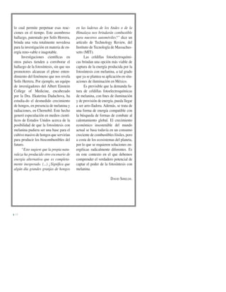 II
lo cual permite perpetuar esas reac-
ciones en el tiempo. Este asombroso
hallazgo, patentado por Solís Herrera,
brinda una veta totalmente novedosa
para la investigación en materia de en-
ergía reno-vable e inagotable.
Investigaciones cientíﬁcas en
otros países tienden a corroborar el
hallazgo de la fotosíntesis, sin que sus
promotores alcanzan el pleno enten-
dimiento del fenómeno que nos revela
Solís Herrera. Por ejemplo, un equipo
de investigadores del Albert Einstein
College of Medicine, encabezado
por la Dra. Ekaterina Dadachova, ha
estudia-do el desmedido crecimiento
de hongos, en presencia de melanina y
radiaciones, en Chernobil. Este hecho
generó especulación en medios cientí-
ﬁcos de Estados Unidos acerca de la
posibilidad de que la fotosíntesis con
melanina pudiera ser una base para el
cultivo masivo de hongos que servirían
para producir los biocombustibles del
futuro.
“Esto sugiere que la propia natu-
raleza ha producido otro escenario de
energía alternativa que es completa-
mente inesperado. (...) ¿Signiﬁca que
algún día grandes granjas de hongos
en las laderas de los Andes o de la
Himalaya nos brindarán combustible
para nuestros automóviles?” dice un
artículo de Technology Review, del
Instituto de Tecnología de Massachus-
setts (MIT).
Las celdillas fotoelectroquími-
cas brindan una opción más viable de
captura de la energía producida por la
fotosíntesis con melanina, a tal grado
que ya se plantea su aplicación en situ-
aciones de iluminación en México.
Es previsible que la demanda fu-
tura de celdillas fotoelectroquímicas
de melanina, con ﬁnes de iluminación
y de provisión de energía, pueda llegar
a ser arro-lladora. Además, se trata de
una forma de energía compatible con
la búsqueda de formas de combate al
calentamiento global. El crecimiento
económico insostenible del mundo
actual se basa todavía en un consumo
creciente de combustibles fósiles, pero
a costa de los ecosistemas del planeta,
por lo que se requieren soluciones en-
ergéticas radicalmente diferentes. Es
en este contexto en el que debemos
comprender el verdadero potencial de
captar el poder de la fotosíntesis con
melanina.
DAVID SHIELDS.
 