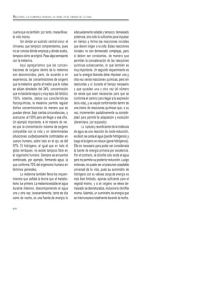 cuarta que es también, por tanto, maravillosa:
la vida misma.
Sin olvidar un sustrato central único: el
Universo, que tampoco comprendemos, pues
no se conoce dónde empieza y dónde acaba,
tampoco cómo se originó. Pasa algo semejante
con la melanina.
Aquí agregaríamos que las concen-
traciones de oxígeno dentro de la melanina
son desconocidas, pero, de acuerdo a mi
experiencia, las concentraciones de oxígeno
que la melanina aporta al medio que le rodea
se sitúan alrededor del 34%, concentración
que es bastante segura y muy lejos del fatídico
100%. Además, dadas sus características
fisicoquímicas, la melanina permite regular
dichas concentraciones de manera que se
puedan elevar, bajo ciertas circunstancias, y
acercarse al 100% pero sin llegar a esa cifra.
Un ejemplo importante, a mi manera de ver,
es que la concentración máxima de oxígeno
compatible con la vida y en determinadas
situaciones cuidadosamente controladas en
cuerpo humano, sobre todo en el ojo, es del
97%. El hidrógeno, al igual que en todo el
globo terráqueo, no existe tampoco libre en
el organismo humano. Siempre se encuentra
combinado, por ejemplo, formando agua, la
que conforma 70% del organismo humano en
términos generales.
La melanina también llena los requeri-
mientos que señala la teoría que el metabo-
lismo fue primero. La melanina estable en agua
durante milenios, descomponiendo el agua
una y otra vez, incesantemente, tanto de día
como de noche, es una fuente de energía lo
adecuadamente estable y tampoco demasiado
poderosa, sino sólo lo suficiente para impulsar
en tiempo y forma las reacciones iniciales
que dieron origen a la vida. Estas reacciones
iniciales no son demasiado complejas, pero
sí deben ser constantes, de manera que
permitan la concatenación de las reacciones
químicas subsecuentes, lo que también es
muy importante. Un segundo requerimiento es
que la energía liberada debe impulsar una y
otra vez varias reacciones químicas, pero sin
destruirlas y sí durante el tiempo necesario
y que sucedan una y otra vez (el número
de veces que sean necesarias para que se
conforme el camino para llegar a la expresión
de la vida), y se vayan conformando dentro de
una trama de reacciones químicas que, a su
vez, incrementen paulatinamente su comple-
jidad para permitir la adaptación y evolución
(darwiniana, por supuesto).
La ruptura y reunificación de la molécula
de agua es una reacción de óxido-reducción,
es decir, se oxida el agua (pierde hidrógenos) y
luego el oxígeno se reduce (gana hidrógenos).
Ello es necesario para poder ser considerada
la fuente de energía primaria por excelencia.
Por el contrario, la clorofila sólo oxida el agua
pero no permite su posterior reducción. Luego
entonces, no puede ser un precursor aceptable
universal de la vida, pues su suministro de
hidrógeno con su valiosa carga de energía es
más bien limitado, apenas suficiente para el
vegetal mismo, y si el oxígeno se eleva de-
masiado se desnaturaliza, inclusive la clorofila
misma.Además, un suministro de energía que
se interrumpiera totalmente durante la noche,
38
MELANINA, LA CLOROFILA HUMANA, SU PAPEL EN EL ORIGEN DE LA VIDA
 