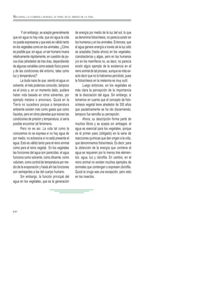 Y sin embargo, se acepta generalmente
que sin agua no hay vida, que sin agua la vida
no puede expresarse y que esto es válido tanto
en los vegetales como en los animales. ¿Cómo
es posible que, sin agua, un ser humano muera
relativamente rápidamente, en cuestión de po-
cos días (alrededor de tres días, dependiendo
de algunas variables como estado físico previo
y de las condiciones del entorno, tales como
luz y temperatura)?
La duda nace de que, siendo el agua un
solvente, el más poderoso conocido, tampoco
es el único y, en un momento dado, pudiera
haber vida basada en otros solventes, por
ejemplo metano o amoniaco. Quizá en la
Tierra no sucediera porque a temperatura
ambiente existen más como gases que como
líquidos, pero en otros planetas que reúnan las
condiciones de presión y temperatura, sí sería
posible encontrar tal fenómeno.
Pero no es así. La vida tal como la
conocemos no se expresa si no hay agua de
por medio, no eclosiona si no está presente el
agua. Esto es válido tanto para el reino animal
como para el reino vegetal. En los vegetales
las funciones del agua son parecidas: el agua
funciona como solvente, como diluente, como
volumen, como control de temperatura por me-
dio de la evaporación y hasta ahí las funciones
son semejantes a las del cuerpo humano.
Sin embargo, la función principal del
agua en los vegetales, que es la generación
de energía por medio de la luz del sol, lo que
se denomina fotosíntesis, no parecía existir en
los humanos y en los animales. Entonces, que
el agua genere energía a través de la luz sólo
se aceptaba (hasta ahora) en los vegetales,
cianobacterias y algas, pero en los humanos
y/o en los mamíferos no, es decir, no parecía
existir algún ejemplo de la existencia en el
reino animal de tal proceso, aunque es más ex-
acto decir que no lo habíamos percibido, pues
la fotosíntesis en la melanina es muy sutil.
Luego entonces, en los vegetales es
más clara la percepción de la importancia
de la disociación del agua. Sin embargo, si
tomamos en cuenta que el concepto de foto-
síntesis vegetal tiene alrededor de 350 años
que paulatinamente se ha ido discerniendo,
tampoco fue sencilla su percepción.
Ahora, su descripción forma parte de
muchos libros y se acepta sin ambages: el
agua es esencial para los vegetales, porque
es el primer paso (obligado) en la serie de
reacciones químicas que dan origen a la vida,
que denominamos fotosíntesis. Es decir, para
la obtención de la energía que contiene el
agua se requieren por lo menos tres elemen-
tos: agua, luz y clorofila. En cambio, en el
reino animal no existen muchos ejemplos de
animales que contengan o expresen clorofila.
Quizá la oruga sea una excepción, pero esto
en los insectos.
40
MELANINA, LA CLOROFILA HUMANA, SU PAPEL EN EL ORIGEN DE LA VIDA
 