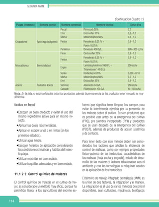 Segunda parte
114
Chupadores Aphis spp (pulgones)
Percal Pirimicarb 50% 0,2
Emir Endosulfan 35% 0,8 - 1,0
Marfuz Metamidophos 60% 0,8 - 1,0
Fentox Fenvalerato 6,25 % +
Foxim 18,75%
0,8 - 1,0
Perfektion Dimetoato 400 G/L 600 - 800 cc/ha
Mosca blanca Bemicia tabaci
Ferax Carbosulfan 20% 0,8 - 1,0
Fentox
Fenvalerato 6,25 % +
Foxim 18,75%
0,8 - 1,0
Engeo
Lambdacyhalotrina 106 G/L +
Thiametoxan 141 G/L)
250 cc/ha
Vortex Imidacloprid 70% 0,060 - 0,10
Marfuz Metamidophos 60% 0,5 - 1,0
Emri Endosulfan 35% 0,8 - 1,0
Ácaros Todos los ácaros Vertimec Abamectin 84 G/L 250 cc/ha
Cascade Flufenoxuron 100 G/L 40 - 50 cc/ha
Plagas (insectos) Nombre común Nombre comercial Nombre técnico Dosis l/ha
Nota: En la lista no están señalados todos los productos, además la permanencia de los productos en el mercado es muy
dinámica.
ticidas en frejol
•Escoger un buen producto y evitar el uso del
mismo ingrediente activo para un mismo in-
secto.
•Aplicar las dosis recomendadas.
•Aplicar en estado larval o en ninfas (en los
primeros estadios).
•Utilizar agua limpia.
•Escoger horarios de aplicación considerando
las condiciones climáticas y hábitos del insec-
to plaga.
•Utilizar mochilas en buen estado.
•Utilizar boquillas adecuadas y en buen estado.
11.1.2.2. Control químico de malezas
El control químico de malezas en el cultivo de fre-
jol, es considerado un método muy eficaz, porque ha
permitido liberar a los agricultores del enorme es-
Continuación Cuadro 13
fuerzo que significa tener limpios los campos para
evitar la interferencia ejercida por la presencia de
las malezas sobre el cultivo. Existen productos que
es posible usar antes de la emergencia del cultivo
(PRE), pre siembra incorporado (PPI) y productos
que se usan después de la emergencia del cultivo
(POST), además de productos de acción sistémica
y de contacto.
Para tener éxito con este método deben ser consi-
derados los factores que afectan la eficiencia de
control de malezas, como por ejemplo propiedades
físico-químico de los herbicidas, características de
las malezas (hoja ancha y angosta), estado de desa-
rrollo de las malezas y factores relacionados con el
ambiente y con las tecnologías o máquinas usadas
en la aplicación de los herbicidas.
El término de manejo integrado de malezas (MIM) es
la unión de dos factores, la integración y el manejo.
La integración es el uso de varios métodos de control
disponibles, sean culturales, mecánicos, biológicos
 