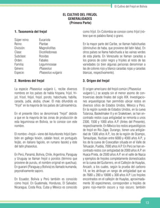 13
El Cultivo del Frejol en Bolivia
1. Taxonomía del frejol
Súper reino: 	 Eucariota
Reino: 		 Plantae
División: 		 Magnoliofitas
Clase: 		 Dicotiledoneas
Subclase: 	 Rosidas
Orden: 		 Fabales
Familia: 		 Leguminoseae
Género:		 Phaseolus	
Especie: 		 Phaseolus vulgaris
2. Nombres del frejol
La especie Phaseolus vulgaris L. recibe diversos
nombres en los países de habla hispana, frijol, frí-
jol, frisol, fréjol, frejol, poroto, habichuela, habilla,
caraota, judía, alubia, chuwi. El más difundido es
“frijol” en la mayoría de los países de Latinoamérica.
En el presente libro se denominará “frejol” debido
a que en la mayoría de las zonas de producción de
esta leguminosa en Bolivia, se lo conoce con este
nombre.
El nombre «frejol» viene del Asturleonés fréjol (tam-
bién en gallego feixón, catalán fesol, en portugués
feijão, en italiano fagiolo, en rumano fasole) y éste
del latín phaseolus.
En Perú, Panamá, Bolivia, Chile, Argentina, Paraguay
y Uruguay se llaman frejol o porotos (término que
proviene de purutu, el nombre original en quechua).
En guaraní (Paraguay y Bolivia) es llamado kumanda,
peyorativamente saporo.
En Ecuador, Bolivia y Perú también es conocido
como frejol. En Guatemala, Honduras, El Salvador,
Nicaragua, Costa Rica, Cuba y México es conocido
como fríjol. En Colombia se conoce como fríjol (nó-
tese que es palabra llana) o grano.
En la mayor parte del Caribe, se llaman habichuelas
(diminutivo de haba, que proviene del latín faba). En
otros países se llama habichuela a las vainas verdes
de esta planta. En Venezuela se llaman caraotas a
los granos de color negro y frijoles al resto de las
variedades (si bien algunas personas denominan a
las de colores rojo y blanco caraotas rojas y caraotas
blancas, respectivamente).
3. Origen del frejol
El origen americano del frejol común (Phaseolus
vulgaris L.) se acepta sin el menor asomo de con-
troversias desde finales del siglo XIX. Investigacio-
nes arqueológicas han permitido ubicar restos en
diversos sitios de Estados Unidos, México y Perú.
En la región sureste de Estados Unidos, en la cueva
Tularosa, Basketmaker II y en Snaketown, se han en-
contrado restos cuya antigüedad se remonta a unos
2300, 1500 y 1000 años A.P. (Antes del Presente),
respectivamente. En México los restos arqueológicos
de frejol en Río Zape, Durango, tienen una antigüe-
dad de 1300 años A.P., los de la región de Ocampo,
Tamaulipas, fluctúan entre 6000 y 4300 años A.P., y
los de la cueva de Coexcatlan situada en el Valle de
Tehuacán, Puebla, 7000 años A.P. En Perú se han en-
contrado restos con antigüedad de 2000 años A.P. en
Huaca Prieta, de 2500 años A.P. en el valle de Nazca
y ejemplos de frejoles completamente domesticados
en la cueva del Guitarrero, en el Callejón de Huaylas,
Ancash, a los cuales, según la prueba del carbono
14, se les atribuye un rango de antigüedad que va
de 7680 ± 280 a 10000 ± 300 años A.P. Los frejoles
encontrados en el callejón de Huaylas, aproximada-
mente 30 especímenes, corresponden a frejoles de
grano rojo-marrón oscuro y rojo oscuro; también
EL CULTIVO DEL FREJOL
GENERALIDADES
(Primera Parte)
 