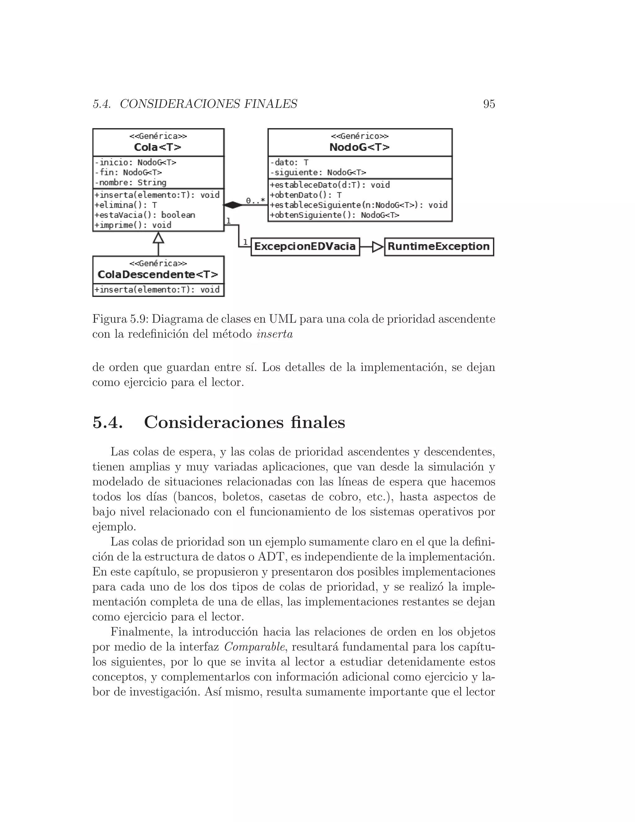 5.4. CONSIDERACIONES FINALES 95
Figura 5.9: Diagrama de clases en UML para una cola de prioridad ascendente
con la redeﬁnición del método inserta
de orden que guardan entre sı́. Los detalles de la implementación, se dejan
como ejercicio para el lector.
5.4. Consideraciones ﬁnales
Las colas de espera, y las colas de prioridad ascendentes y descendentes,
tienen amplias y muy variadas aplicaciones, que van desde la simulación y
modelado de situaciones relacionadas con las lı́neas de espera que hacemos
todos los dı́as (bancos, boletos, casetas de cobro, etc.), hasta aspectos de
bajo nivel relacionado con el funcionamiento de los sistemas operativos por
ejemplo.
Las colas de prioridad son un ejemplo sumamente claro en el que la deﬁni-
ción de la estructura de datos o ADT, es independiente de la implementación.
En este capı́tulo, se propusieron y presentaron dos posibles implementaciones
para cada uno de los dos tipos de colas de prioridad, y se realizó la imple-
mentación completa de una de ellas, las implementaciones restantes se dejan
como ejercicio para el lector.
Finalmente, la introducción hacia las relaciones de orden en los objetos
por medio de la interfaz Comparable, resultará fundamental para los capı́tu-
los siguientes, por lo que se invita al lector a estudiar detenidamente estos
conceptos, y complementarlos con información adicional como ejercicio y la-
bor de investigación. Ası́ mismo, resulta sumamente importante que el lector
 