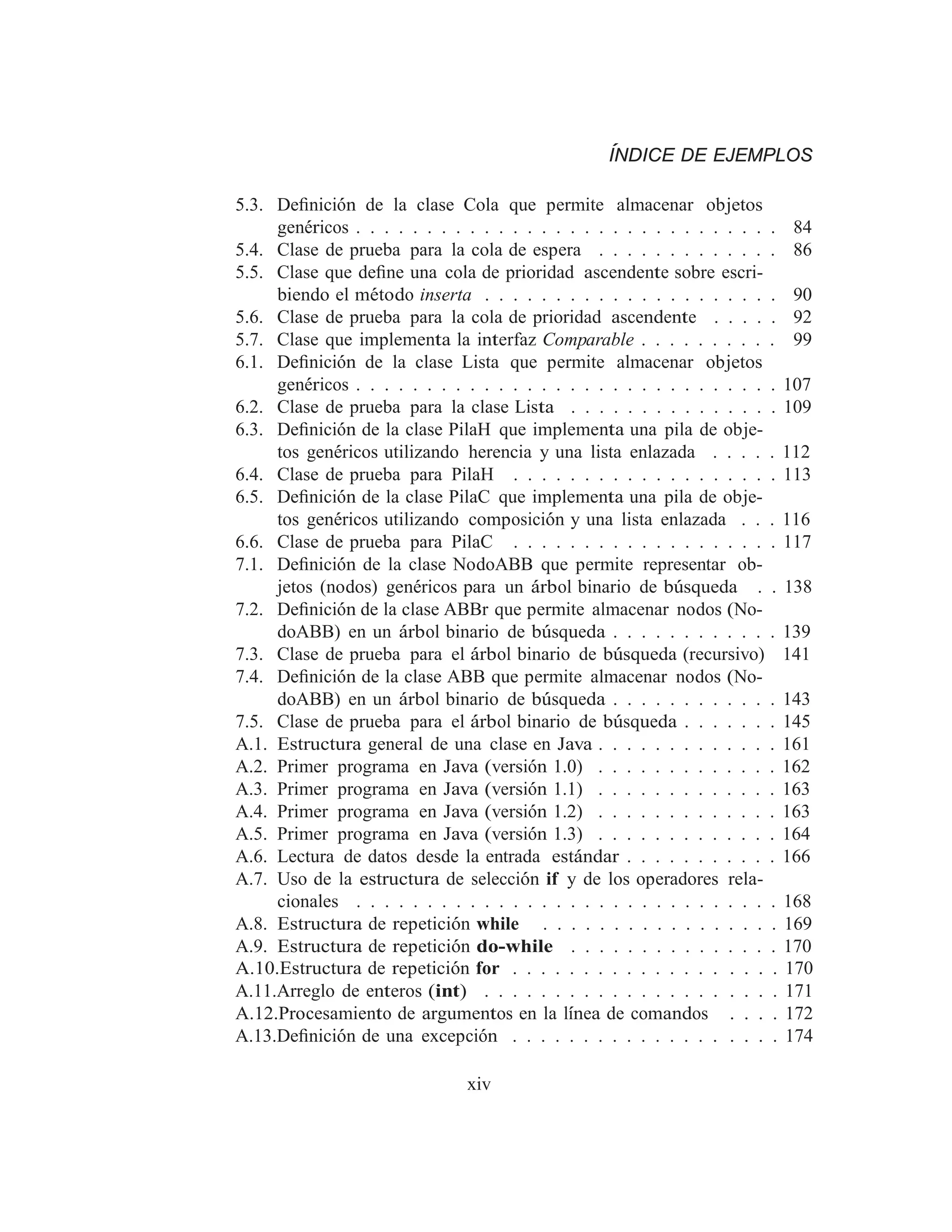ÍNDICE DE EJEMPLOS
5.3. Deﬁnición de la clase Cola que permite almacenar objetos
genéricos . . . . . . . . . . . . . . . . . . . . . . . . . . . . . . 84
5.4. Clase de prueba para la cola de espera . . . . . . . . . . . . . 86
5.5. Clase que deﬁne una cola de prioridad ascendente sobre escri-
biendo el método inserta . . . . . . . . . . . . . . . . . . . . . 90
5.6. Clase de prueba para la cola de prioridad ascendente . . . . . 92
5.7. Clase que implementa la interfaz Comparable . . . . . . . . . . 99
6.1. Deﬁnición de la clase Lista que permite almacenar objetos
genéricos . . . . . . . . . . . . . . . . . . . . . . . . . . . . . . 107
6.2. Clase de prueba para la clase Lista . . . . . . . . . . . . . . . 109
6.3. Deﬁnición de la clase PilaH que implementa una pila de obje-
tos genéricos utilizando herencia y una lista enlazada . . . . . 112
6.4. Clase de prueba para PilaH . . . . . . . . . . . . . . . . . . . 113
6.5. Deﬁnición de la clase PilaC que implementa una pila de obje-
tos genéricos utilizando composición y una lista enlazada . . . 116
6.6. Clase de prueba para PilaC . . . . . . . . . . . . . . . . . . . 117
7.1. Deﬁnición de la clase NodoABB que permite representar ob-
jetos (nodos) genéricos para un árbol binario de búsqueda . . 138
7.2. Deﬁnición de la clase ABBr que permite almacenar nodos (No-
doABB) en un árbol binario de búsqueda . . . . . . . . . . . . 139
7.3. Clase de prueba para el árbol binario de búsqueda (recursivo) 141
7.4. Deﬁnición de la clase ABB que permite almacenar nodos (No-
doABB) en un árbol binario de búsqueda . . . . . . . . . . . . 143
7.5. Clase de prueba para el árbol binario de búsqueda . . . . . . . 145
A.1. Estructura general de una clase en Java . . . . . . . . . . . . . 161
A.2. Primer programa en Java (versión 1.0) . . . . . . . . . . . . . 162
A.3. Primer programa en Java (versión 1.1) . . . . . . . . . . . . . 163
A.4. Primer programa en Java (versión 1.2) . . . . . . . . . . . . . 163
A.5. Primer programa en Java (versión 1.3) . . . . . . . . . . . . . 164
A.6. Lectura de datos desde la entrada estándar . . . . . . . . . . . 166
A.7. Uso de la estructura de selección if y de los operadores rela-
cionales . . . . . . . . . . . . . . . . . . . . . . . . . . . . . . 168
A.8. Estructura de repetición while . . . . . . . . . . . . . . . . . 169
A.9. Estructura de repetición do-while . . . . . . . . . . . . . . . 170
A.10.Estructura de repetición for . . . . . . . . . . . . . . . . . . . 170
A.11.Arreglo de enteros (int) . . . . . . . . . . . . . . . . . . . . . 171
A.12.Procesamiento de argumentos en la lı́nea de comandos . . . . 172
A.13.Deﬁnición de una excepción . . . . . . . . . . . . . . . . . . . 174
xiv
 