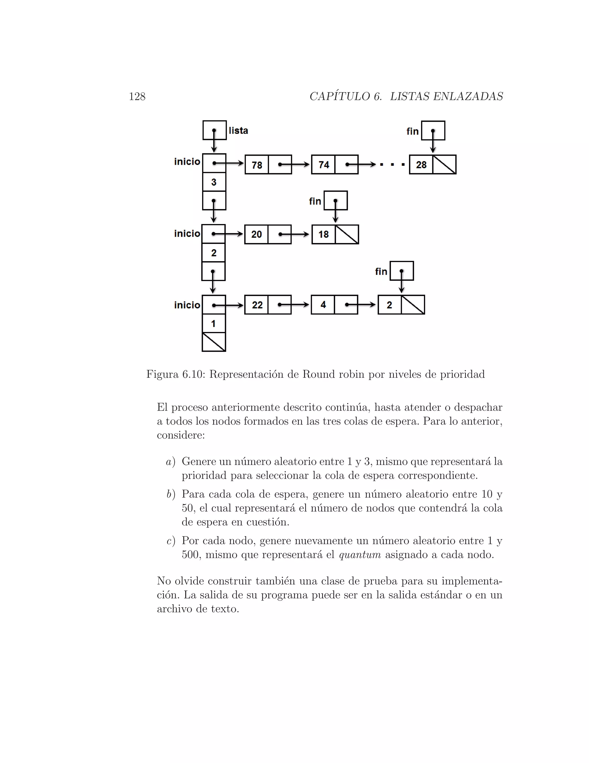 128 CAPÍTULO 6. LISTAS ENLAZADAS
Figura 6.10: Representación de Round robin por niveles de prioridad
El proceso anteriormente descrito continúa, hasta atender o despachar
a todos los nodos formados en las tres colas de espera. Para lo anterior,
considere:
a) Genere un número aleatorio entre 1 y 3, mismo que representará la
prioridad para seleccionar la cola de espera correspondiente.
b) Para cada cola de espera, genere un número aleatorio entre 10 y
50, el cual representará el número de nodos que contendrá la cola
de espera en cuestión.
c) Por cada nodo, genere nuevamente un número aleatorio entre 1 y
500, mismo que representará el quantum asignado a cada nodo.
No olvide construir también una clase de prueba para su implementa-
ción. La salida de su programa puede ser en la salida estándar o en un
archivo de texto.
 
