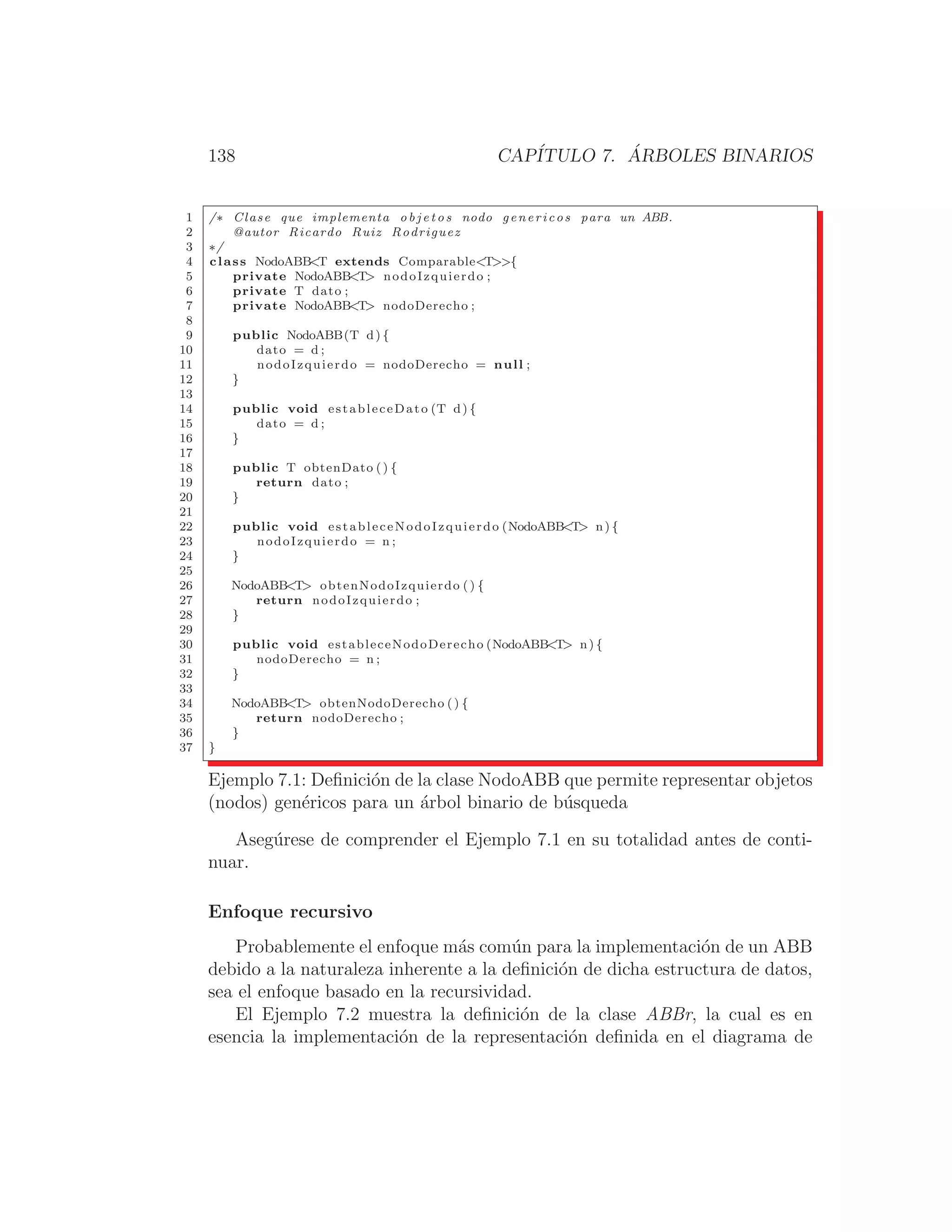 138 CAPÍTULO 7. ÁRBOLES BINARIOS
1 /∗ Clase que implementa o b j e t o s nodo genericos para un ABB.
2 @autor Ricardo Ruiz Rodriguez
3 ∗/
4 class NodoABBT extends ComparableT{
5 private NodoABBT nodoIzquierdo ;
6 private T dato ;
7 private NodoABBT nodoDerecho ;
8
9 public NodoABB(T d) {
10 dato = d ;
11 nodoIzquierdo = nodoDerecho = null ;
12 }
13
14 public void estableceDato (T d) {
15 dato = d ;
16 }
17
18 public T obtenDato () {
19 return dato ;
20 }
21
22 public void estableceNodoIzquierdo (NodoABBT n) {
23 nodoIzquierdo = n ;
24 }
25
26 NodoABBT obtenNodoIzquierdo () {
27 return nodoIzquierdo ;
28 }
29
30 public void estableceNodoDerecho (NodoABBT n) {
31 nodoDerecho = n ;
32 }
33
34 NodoABBT obtenNodoDerecho () {
35 return nodoDerecho ;
36 }
37 }
Ejemplo 7.1: Deﬁnición de la clase NodoABB que permite representar objetos
(nodos) genéricos para un árbol binario de búsqueda
Asegúrese de comprender el Ejemplo 7.1 en su totalidad antes de conti-
nuar.
Enfoque recursivo
Probablemente el enfoque más común para la implementación de un ABB
debido a la naturaleza inherente a la deﬁnición de dicha estructura de datos,
sea el enfoque basado en la recursividad.
El Ejemplo 7.2 muestra la deﬁnición de la clase ABBr, la cual es en
esencia la implementación de la representación deﬁnida en el diagrama de
 