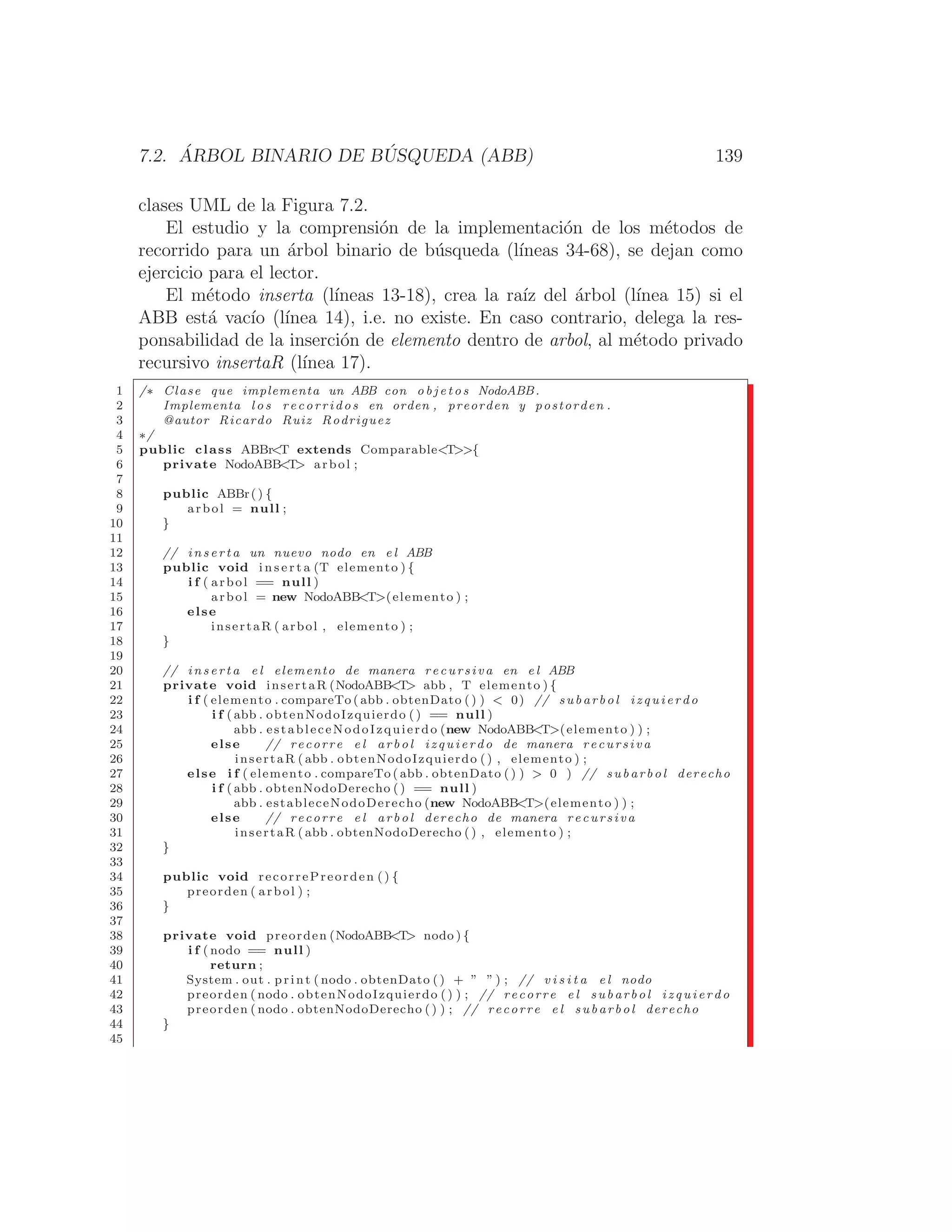 7.2. ÁRBOL BINARIO DE BÚSQUEDA (ABB) 139
clases UML de la Figura 7.2.
El estudio y la comprensión de la implementación de los métodos de
recorrido para un árbol binario de búsqueda (lı́neas 34-68), se dejan como
ejercicio para el lector.
El método inserta (lı́neas 13-18), crea la raı́z del árbol (lı́nea 15) si el
ABB está vacı́o (lı́nea 14), i.e. no existe. En caso contrario, delega la res-
ponsabilidad de la inserción de elemento dentro de arbol, al método privado
recursivo insertaR (lı́nea 17).
1 /∗ Clase que implementa un ABB con o b j e t o s NodoABB.
2 Implementa l o s recorridos en orden , preorden y postorden .
3 @autor Ricardo Ruiz Rodriguez
4 ∗/
5 public class ABBrT extends ComparableT{
6 private NodoABBT arbol ;
7
8 public ABBr() {
9 arbol = null ;
10 }
11
12 // i n s e r t a un nuevo nodo en e l ABB
13 public void i n s e r t a (T elemento ) {
14 i f ( arbol == null )
15 arbol = new NodoABBT(elemento ) ;
16 else
17 insertaR ( arbol , elemento ) ;
18 }
19
20 // i n s e r t a e l elemento de manera recursiva en e l ABB
21 private void insertaR (NodoABBT abb , T elemento ) {
22 i f ( elemento . compareTo ( abb . obtenDato ( ) )  0) // subarbol i z q u i e r d o
23 i f ( abb . obtenNodoIzquierdo ( ) == null )
24 abb . estableceNodoIzquierdo (new NodoABBT(elemento ) ) ;
25 else // recorre e l arbol i z q u i e r d o de manera recursiva
26 insertaR ( abb . obtenNodoIzquierdo () , elemento ) ;
27 else i f ( elemento . compareTo ( abb . obtenDato ( ) )  0 ) // subarbol derecho
28 i f ( abb . obtenNodoDerecho () == null )
29 abb . estableceNodoDerecho (new NodoABBT(elemento ) ) ;
30 else // recorre e l arbol derecho de manera recursiva
31 insertaR ( abb . obtenNodoDerecho ( ) , elemento ) ;
32 }
33
34 public void recorrePreorden () {
35 preorden ( arbol ) ;
36 }
37
38 private void preorden (NodoABBT nodo ) {
39 i f ( nodo == null )
40 return ;
41 System . out . print ( nodo . obtenDato () + ” ” ) ; // v i s i t a e l nodo
42 preorden ( nodo . obtenNodoIzquierdo () ) ; // recorre e l subarbol i z q u i e r d o
43 preorden ( nodo . obtenNodoDerecho ( ) ) ; // recorre e l subarbol derecho
44 }
45
 