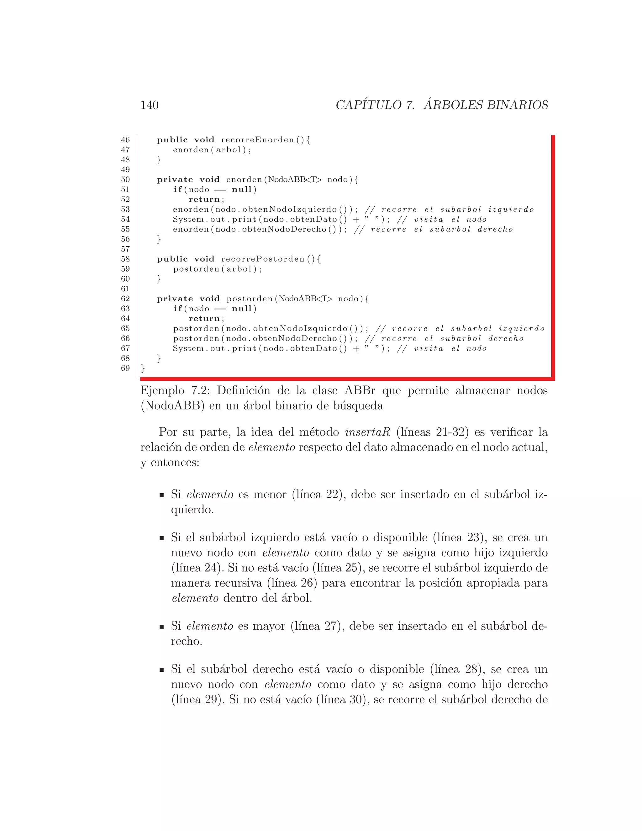 140 CAPÍTULO 7. ÁRBOLES BINARIOS
46 public void recorreEnorden () {
47 enorden ( arbol ) ;
48 }
49
50 private void enorden (NodoABBT nodo ) {
51 i f ( nodo == null )
52 return ;
53 enorden ( nodo . obtenNodoIzquierdo ( ) ) ; // recorre e l subarbol i z q u i e r d o
54 System . out . print ( nodo . obtenDato () + ” ” ) ; // v i s i t a e l nodo
55 enorden ( nodo . obtenNodoDerecho () ) ; // recorre e l subarbol derecho
56 }
57
58 public void recorrePostorden ( ) {
59 postorden ( arbol ) ;
60 }
61
62 private void postorden (NodoABBT nodo ) {
63 i f ( nodo == null )
64 return ;
65 postorden ( nodo . obtenNodoIzquierdo () ) ; // recorre e l subarbol i z q u i e r d o
66 postorden ( nodo . obtenNodoDerecho () ) ; // recorre e l subarbol derecho
67 System . out . print ( nodo . obtenDato () + ” ” ) ; // v i s i t a e l nodo
68 }
69 }
Ejemplo 7.2: Deﬁnición de la clase ABBr que permite almacenar nodos
(NodoABB) en un árbol binario de búsqueda
Por su parte, la idea del método insertaR (lı́neas 21-32) es veriﬁcar la
relación de orden de elemento respecto del dato almacenado en el nodo actual,
y entonces:
Si elemento es menor (lı́nea 22), debe ser insertado en el subárbol iz-
quierdo.
Si el subárbol izquierdo está vacı́o o disponible (lı́nea 23), se crea un
nuevo nodo con elemento como dato y se asigna como hijo izquierdo
(lı́nea 24). Si no está vacı́o (lı́nea 25), se recorre el subárbol izquierdo de
manera recursiva (lı́nea 26) para encontrar la posición apropiada para
elemento dentro del árbol.
Si elemento es mayor (lı́nea 27), debe ser insertado en el subárbol de-
recho.
Si el subárbol derecho está vacı́o o disponible (lı́nea 28), se crea un
nuevo nodo con elemento como dato y se asigna como hijo derecho
(lı́nea 29). Si no está vacı́o (lı́nea 30), se recorre el subárbol derecho de
 