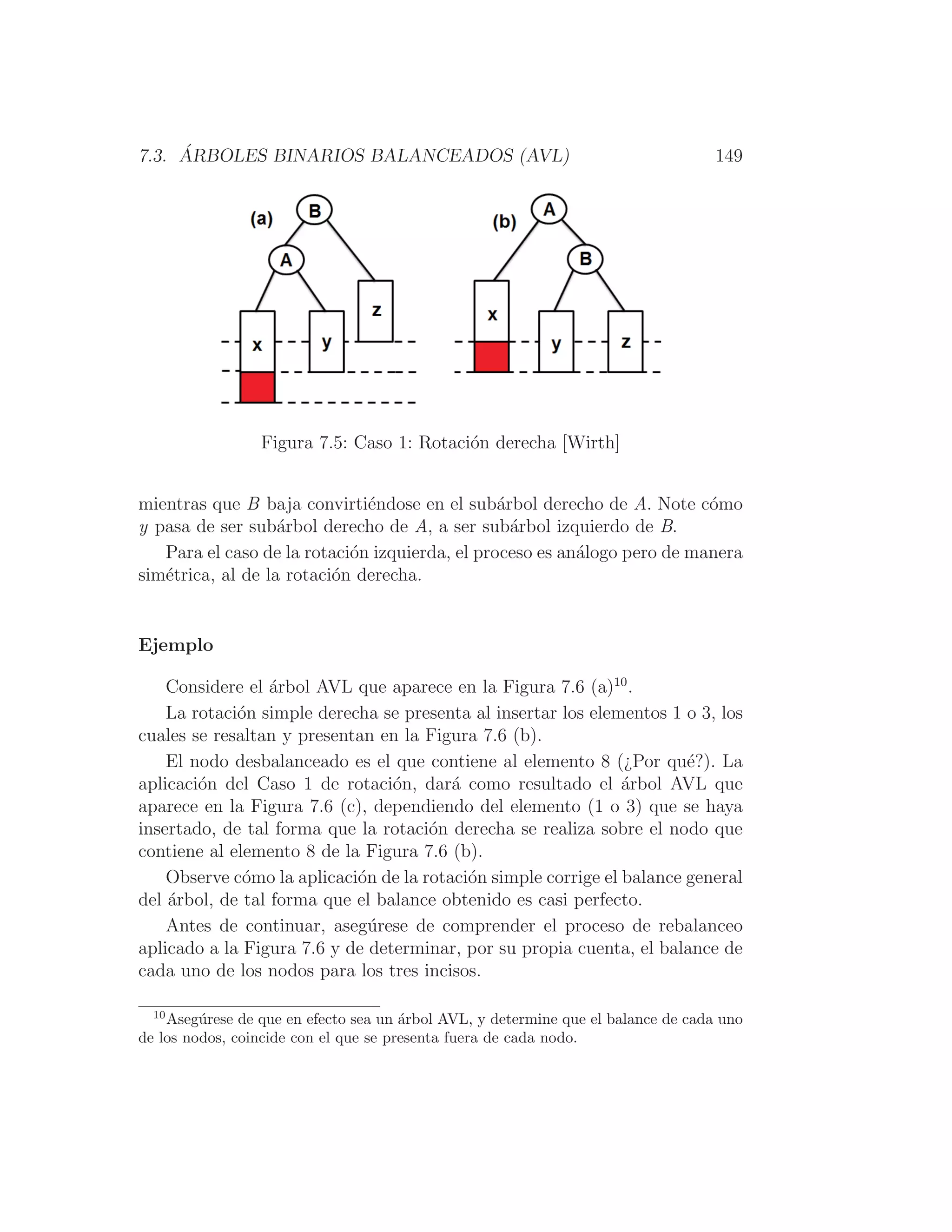 7.3. ÁRBOLES BINARIOS BALANCEADOS (AVL) 149
Figura 7.5: Caso 1: Rotación derecha [Wirth]
mientras que B baja convirtiéndose en el subárbol derecho de A. Note cómo
y pasa de ser subárbol derecho de A, a ser subárbol izquierdo de B.
Para el caso de la rotación izquierda, el proceso es análogo pero de manera
simétrica, al de la rotación derecha.
Ejemplo
Considere el árbol AVL que aparece en la Figura 7.6 (a)10
.
La rotación simple derecha se presenta al insertar los elementos 1 o 3, los
cuales se resaltan y presentan en la Figura 7.6 (b).
El nodo desbalanceado es el que contiene al elemento 8 (¿Por qué?). La
aplicación del Caso 1 de rotación, dará como resultado el árbol AVL que
aparece en la Figura 7.6 (c), dependiendo del elemento (1 o 3) que se haya
insertado, de tal forma que la rotación derecha se realiza sobre el nodo que
contiene al elemento 8 de la Figura 7.6 (b).
Observe cómo la aplicación de la rotación simple corrige el balance general
del árbol, de tal forma que el balance obtenido es casi perfecto.
Antes de continuar, asegúrese de comprender el proceso de rebalanceo
aplicado a la Figura 7.6 y de determinar, por su propia cuenta, el balance de
cada uno de los nodos para los tres incisos.
10
Asegúrese de que en efecto sea un árbol AVL, y determine que el balance de cada uno
de los nodos, coincide con el que se presenta fuera de cada nodo.
 