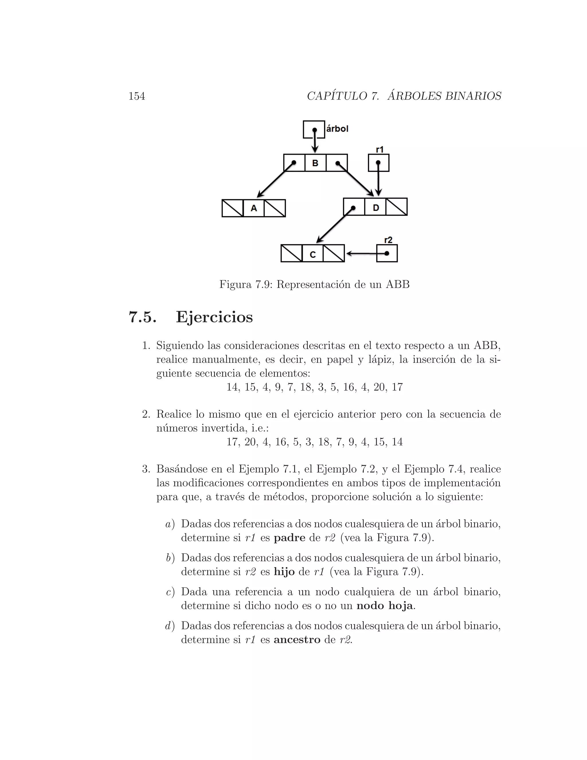 154 CAPÍTULO 7. ÁRBOLES BINARIOS
Figura 7.9: Representación de un ABB
7.5. Ejercicios
1. Siguiendo las consideraciones descritas en el texto respecto a un ABB,
realice manualmente, es decir, en papel y lápiz, la inserción de la si-
guiente secuencia de elementos:
14, 15, 4, 9, 7, 18, 3, 5, 16, 4, 20, 17
2. Realice lo mismo que en el ejercicio anterior pero con la secuencia de
números invertida, i.e.:
17, 20, 4, 16, 5, 3, 18, 7, 9, 4, 15, 14
3. Basándose en el Ejemplo 7.1, el Ejemplo 7.2, y el Ejemplo 7.4, realice
las modiﬁcaciones correspondientes en ambos tipos de implementación
para que, a través de métodos, proporcione solución a lo siguiente:
a) Dadas dos referencias a dos nodos cualesquiera de un árbol binario,
determine si r1 es padre de r2 (vea la Figura 7.9).
b) Dadas dos referencias a dos nodos cualesquiera de un árbol binario,
determine si r2 es hijo de r1 (vea la Figura 7.9).
c) Dada una referencia a un nodo cualquiera de un árbol binario,
determine si dicho nodo es o no un nodo hoja.
d) Dadas dos referencias a dos nodos cualesquiera de un árbol binario,
determine si r1 es ancestro de r2.
 