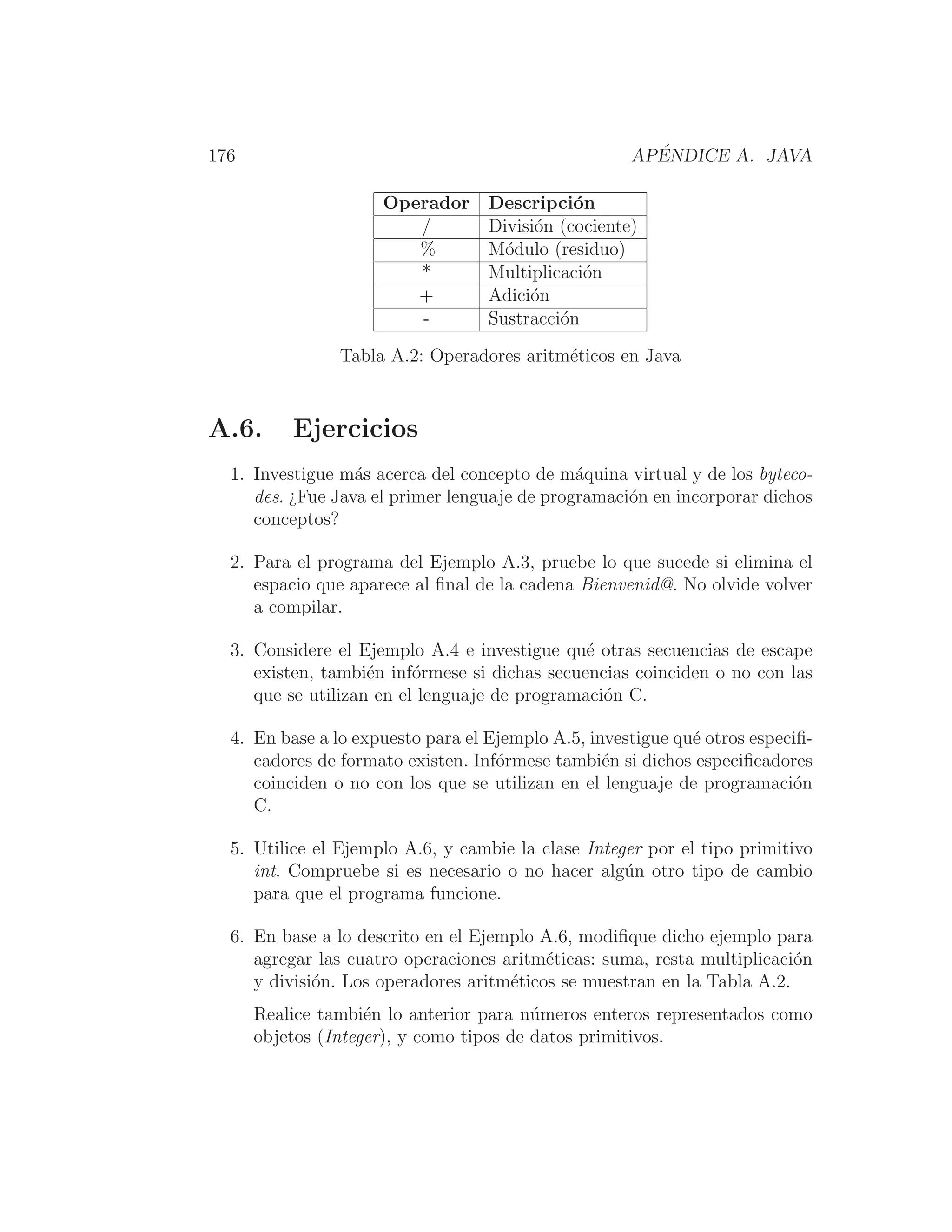 176 APÉNDICE A. JAVA
Operador Descripción
/ División (cociente)
% Módulo (residuo)
* Multiplicación
+ Adición
- Sustracción
Tabla A.2: Operadores aritméticos en Java
A.6. Ejercicios
1. Investigue más acerca del concepto de máquina virtual y de los byteco-
des. ¿Fue Java el primer lenguaje de programación en incorporar dichos
conceptos?
2. Para el programa del Ejemplo A.3, pruebe lo que sucede si elimina el
espacio que aparece al ﬁnal de la cadena Bienvenid@. No olvide volver
a compilar.
3. Considere el Ejemplo A.4 e investigue qué otras secuencias de escape
existen, también infórmese si dichas secuencias coinciden o no con las
que se utilizan en el lenguaje de programación C.
4. En base a lo expuesto para el Ejemplo A.5, investigue qué otros especiﬁ-
cadores de formato existen. Infórmese también si dichos especiﬁcadores
coinciden o no con los que se utilizan en el lenguaje de programación
C.
5. Utilice el Ejemplo A.6, y cambie la clase Integer por el tipo primitivo
int. Compruebe si es necesario o no hacer algún otro tipo de cambio
para que el programa funcione.
6. En base a lo descrito en el Ejemplo A.6, modiﬁque dicho ejemplo para
agregar las cuatro operaciones aritméticas: suma, resta multiplicación
y división. Los operadores aritméticos se muestran en la Tabla A.2.
Realice también lo anterior para números enteros representados como
objetos (Integer), y como tipos de datos primitivos.
 