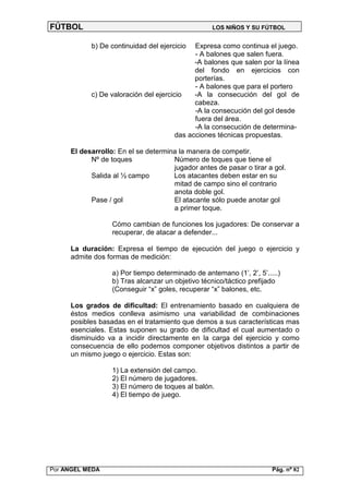 FÚTBOL                                            LOS NIÑOS Y SU FÚTBOL


           b) De continuidad del ejercicio   Expresa como continua el juego.
                                             - A balones que salen fuera.
                                             -A balones que salen por la línea
                                             del fondo en ejercicios con
                                             porterías.
                                             - A balones que para el portero
           c) De valoración del ejercicio    -A la consecución del gol de
                                             cabeza.
                                             -A la consecución del gol desde
                                             fuera del área.
                                             -A la consecución de determina-
                                       das acciones técnicas propuestas.

     El desarrollo: En el se determina la manera de competir.
           Nº de toques              Número de toques que tiene el
                                     jugador antes de pasar o tirar a gol.
           Salida al ½ campo         Los atacantes deben estar en su
                                     mitad de campo sino el contrario
                                     anota doble gol.
           Pase / gol                El atacante sólo puede anotar gol
                                     a primer toque.

                  Cómo cambian de funciones los jugadores: De conservar a
                  recuperar, de atacar a defender...

     La duración: Expresa el tiempo de ejecución del juego o ejercicio y
     admite dos formas de medición:

                  a) Por tiempo determinado de antemano (1’, 2’, 5’.....)
                  b) Tras alcanzar un objetivo técnico/táctico prefijado
                  (Conseguir “x” goles, recuperar “x” balones, etc.

     Los grados de dificultad: El entrenamiento basado en cualquiera de
     éstos medios conlleva asimismo una variabilidad de combinaciones
     posibles basadas en el tratamiento que demos a sus características mas
     esenciales. Estas suponen su grado de dificultad el cual aumentado o
     disminuido va a incidir directamente en la carga del ejercicio y como
     consecuencia de ello podemos componer objetivos distintos a partir de
     un mismo juego o ejercicio. Estas son:

                  1) La extensión del campo.
                  2) El número de jugadores.
                  3) El número de toques al balón.
                  4) El tiempo de juego.




Por ANGEL MEDA                                                        Pág. nº 82
 