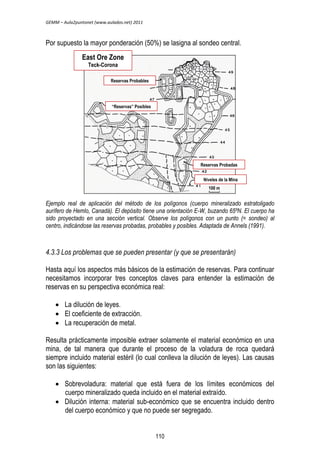 GEMM – Aula2puntonet (www.aulados.net) 2011 
Por supuesto la mayor ponderación (50%) se lasigna al sondeo central. 
Reservas Probadas 
Niveles de la Mina 
East Ore Zone 
Teck-Corona 
Reservas Probables 
“Reservas” Posibles 
100 m 
Ejemplo real de aplicación del método de los polígonos (cuerpo mineralizado estratoligado 
aurífero de Hemlo, Canadá). El depósito tiene una orientación E-W, buzando 65ºN. El cuerpo ha 
sido proyectado en una sección vertical. Observe los polígonos con un punto (= sondeo) al 
centro, indicándose las reservas probadas, probables y posibles. Adaptada de Annels (1991). 
4.3.3 Los problemas que se pueden presentar (y que se presentarán) 
Hasta aquí los aspectos más básicos de la estimación de reservas. Para continuar 
necesitamos incorporar tres conceptos claves para entender la estimación de 
reservas en su perspectiva económica real: 
 La dilución de leyes. 
 El coeficiente de extracción. 
 La recuperación de metal. 
Resulta prácticamente imposible extraer solamente el material económico en una 
mina, de tal manera que durante el proceso de la voladura de roca quedará 
siempre incluido material estéril (lo cual conlleva la dilución de leyes). Las causas 
son las siguientes: 
 Sobrevoladura: material que está fuera de los límites económicos del 
cuerpo mineralizado queda incluido en el material extraído. 
 Dilución interna: material sub-económico que se encuentra incluido dentro 
del cuerpo económico y que no puede ser segregado. 
110 
 
