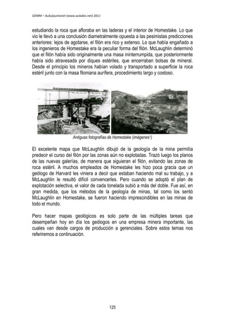 GEMM – Aula2puntonet (www.aulados.net) 2011 
estudiando la roca que afloraba en las laderas y el interior de Homestake. Lo que 
vio le llevó a una conclusión diametralmente opuesta a las pesimistas predicciones 
anteriores: lejos de agotarse, el filón era rico y extenso. Lo que había engañado a 
los ingenieros de Homestake era la peculiar forma del filón. McLaughlin determinó 
que el filón había sido originalmente una masa ininterrumpida, que posteriormente 
había sido atravesada por diques estériles, que encerraban bolsas de mineral. 
Desde el principio los mineros habían volado y transportado a superficie la roca 
estéril junto con la masa filoniana aurífera, procedimiento largo y costoso. 
Antiguas fotografías de Homestake (imágenes1) 
El excelente mapa que McLaughlin dibujó de la geología de la mina permitía 
predecir el curso del filón por las zonas aún no explotadas. Trazó luego los planos 
de las nuevas galerías, de manera que siguieran el filón, evitando las zonas de 
roca estéril. A muchos empleados de Homestake les hizo poca gracia que un 
geólogo de Harvard les viniera a decir que estaban haciendo mal su trabajo, y a 
McLaughlin le resultó difícil convencerles. Pero cuando se adoptó el plan de 
explotación selectiva, el valor de cada tonelada subió a más del doble. Fue así, en 
gran medida, que los métodos de la geología de minas, tal como los sentó 
McLaughlin en Homestake, se fueron haciendo imprescindibles en las minas de 
todo el mundo. 
Pero hacer mapas geológicos es solo parte de las múltiples tareas que 
desempeñan hoy en día los geólogos en una empresa minera importante, las 
cuales van desde cargos de producción a gerenciales. Sobre estos temas nos 
referiremos a continuación. 
125 
 