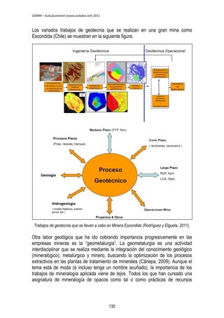GEMM – Aula2puntonet (www.aulados.net) 2011 
Los variados trabajos de geotecnia que se realizan en una gran mina como 
Escondida (Chile) se muestran en la siguiente figura. 
Trabajos de geotecnia que se llevan a cabo en Minera Escondida (Rodríguez y Elgueta, 2011). 
Otra labor geológica que ha ido cobrando importancia progresivamente en las 
empresas mineras es la “geometalurgia”. La geometalurgia es una actividad 
interdisciplinar que se realiza mediante la integración del conocimiento geológico 
(mineralógico), metalúrgico y minero, buscando la optimización de los procesos 
extractivos en las plantas de tratamiento de minerales (Cánepa, 2009). Aunque el 
tema está de moda (e incluso tenga un nombre acuñado), la importancia de los 
trabajos de mineralogía aplicada viene de lejos. Todos los que han cursado una 
asignatura de mineralogía de opacos como tal o como prácticas de recursos 
135 
 
