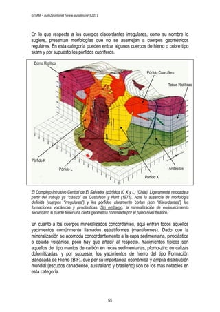 GEMM – Aula2puntonet (www.aulados.net) 2011 
En lo que respecta a los cuerpos discordantes irregulares, como su nombre lo 
sugiere, presentan morfologías que no se asemejan a cuerpos geométricos 
regulares. En esta categoría pueden entrar algunos cuerpos de hierro o cobre tipo 
skarn y por supuesto los pórfidos cupríferos. 
Domo Riolítico 
Pórfido Cuarcífero 
Tobas Riolíticas 
Andesitas 
Pórfido L 
Pórfido X 
Pórfido K 
El Complejo Intrusivo Central de El Salvador (pórfidos K, X y L) (Chile). Ligeramente retocada a 
partir del trabajo ya ―clásico‖ de Gustafson y Hunt (1975). Note la ausencia de morfología 
definida (cuerpos ―irregulares‖) y los pórfidos claramente cortan (son ―discordantes‖) las 
formaciones volcánicas y piroclásticas. Sin embargo, la mineralización de enriquecimiento 
secundario si puede tener una cierta geometría controlada por el paleo nivel freático. 
En cuanto a los cuerpos mineralizados concordantes, aquí entran todos aquellos 
yacimientos comúnmente llamados estratiformes (mantiformes). Dado que la 
mineralización se acomoda concordantemente a la capa sedimentaria, piroclástica 
o colada volcánica, poco hay que añadir al respecto. Yacimientos típicos son 
aquellos del tipo mantos de carbón en rocas sedimentarias, plomo-zinc en calizas 
dolomitizadas, y por supuesto, los yacimientos de hierro del tipo Formación 
Bandeada de Hierro (BIF), que por su importancia económica y amplia distribución 
mundial (escudos canadiense, australiano y brasileño) son de los más notables en 
esta categoría. 
55 
 